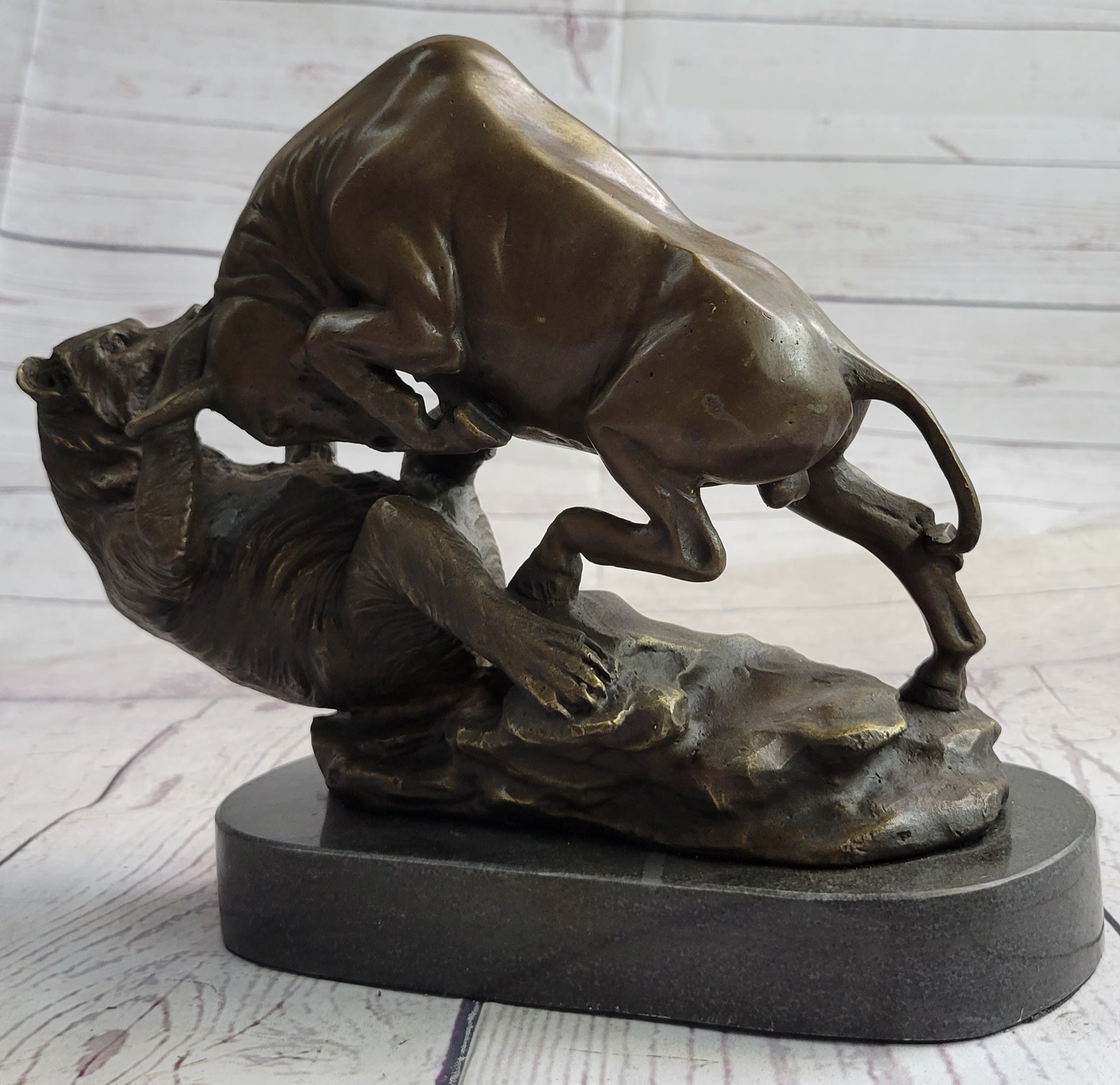 Wall Street Bull vs Bear Market Bronze Metal Sculpture 9" x 11"