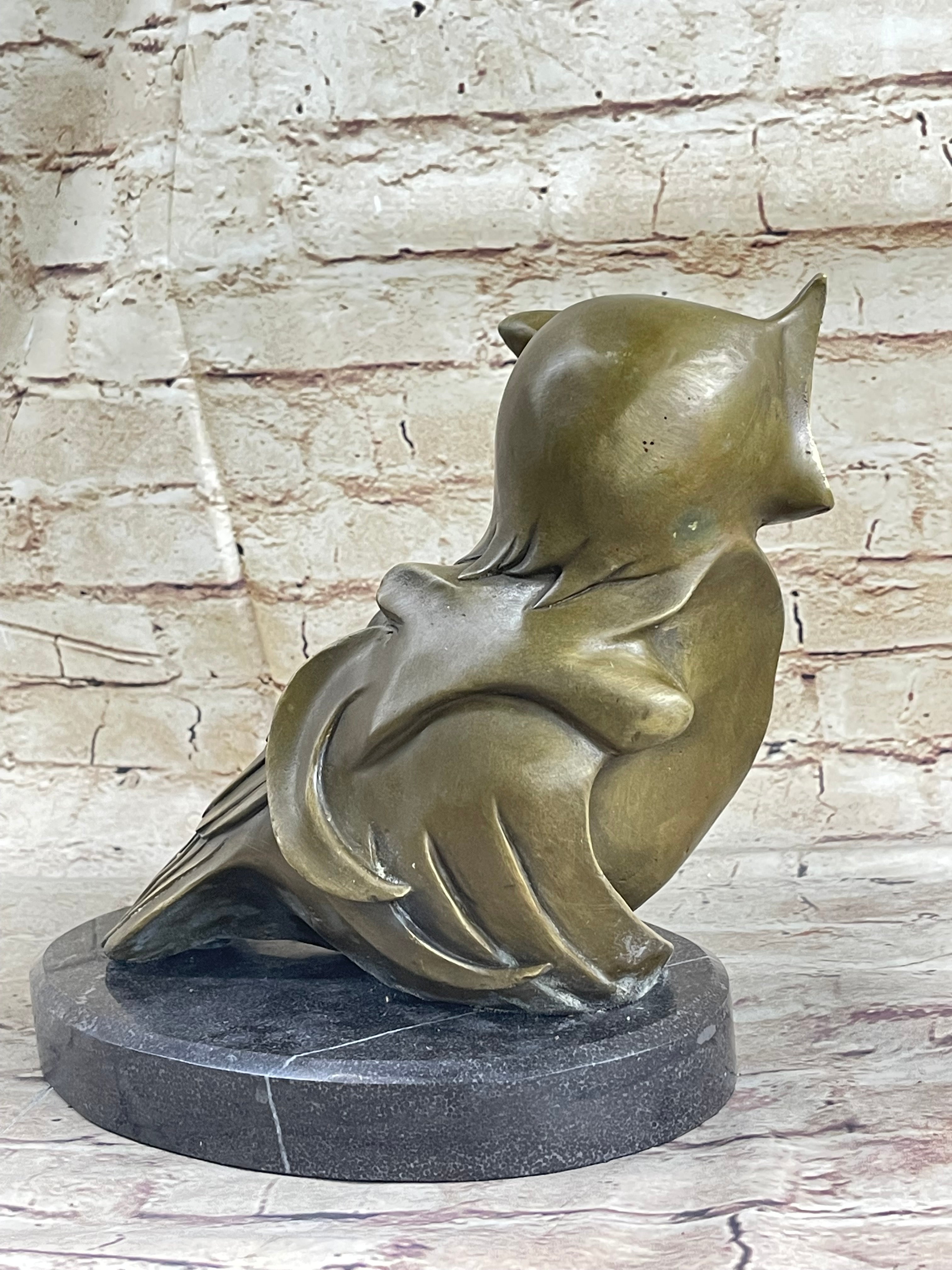Signed Barye Owl Bird Bronze Sculpture Marble Base Art Deco