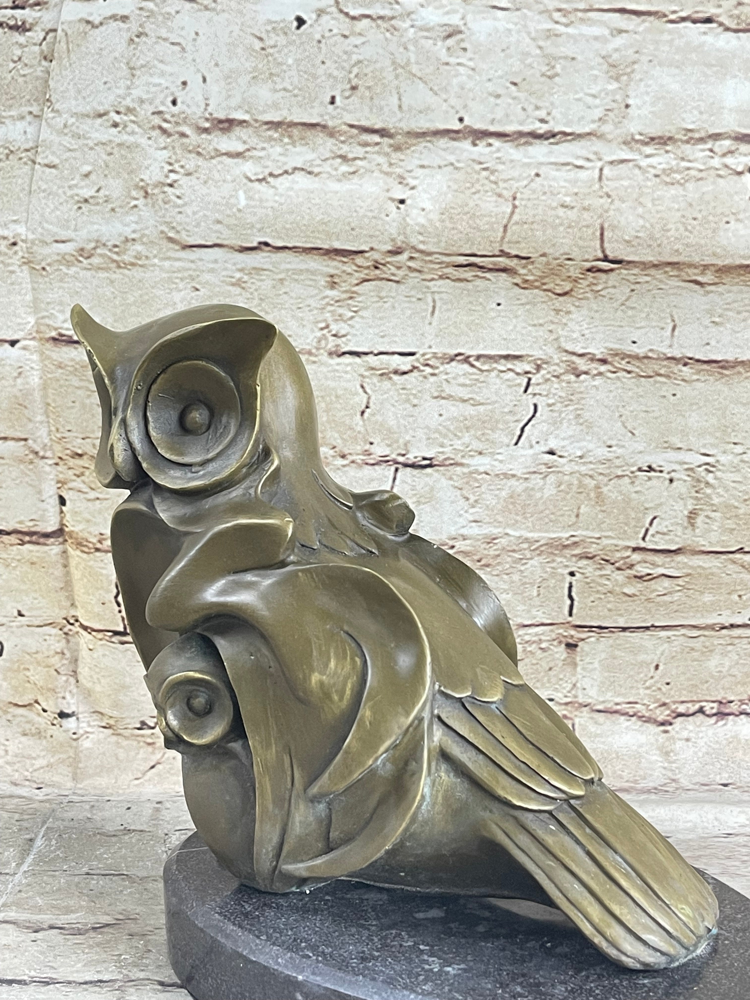 Signed Barye Owl Bird Bronze Sculpture Marble Base Art Deco