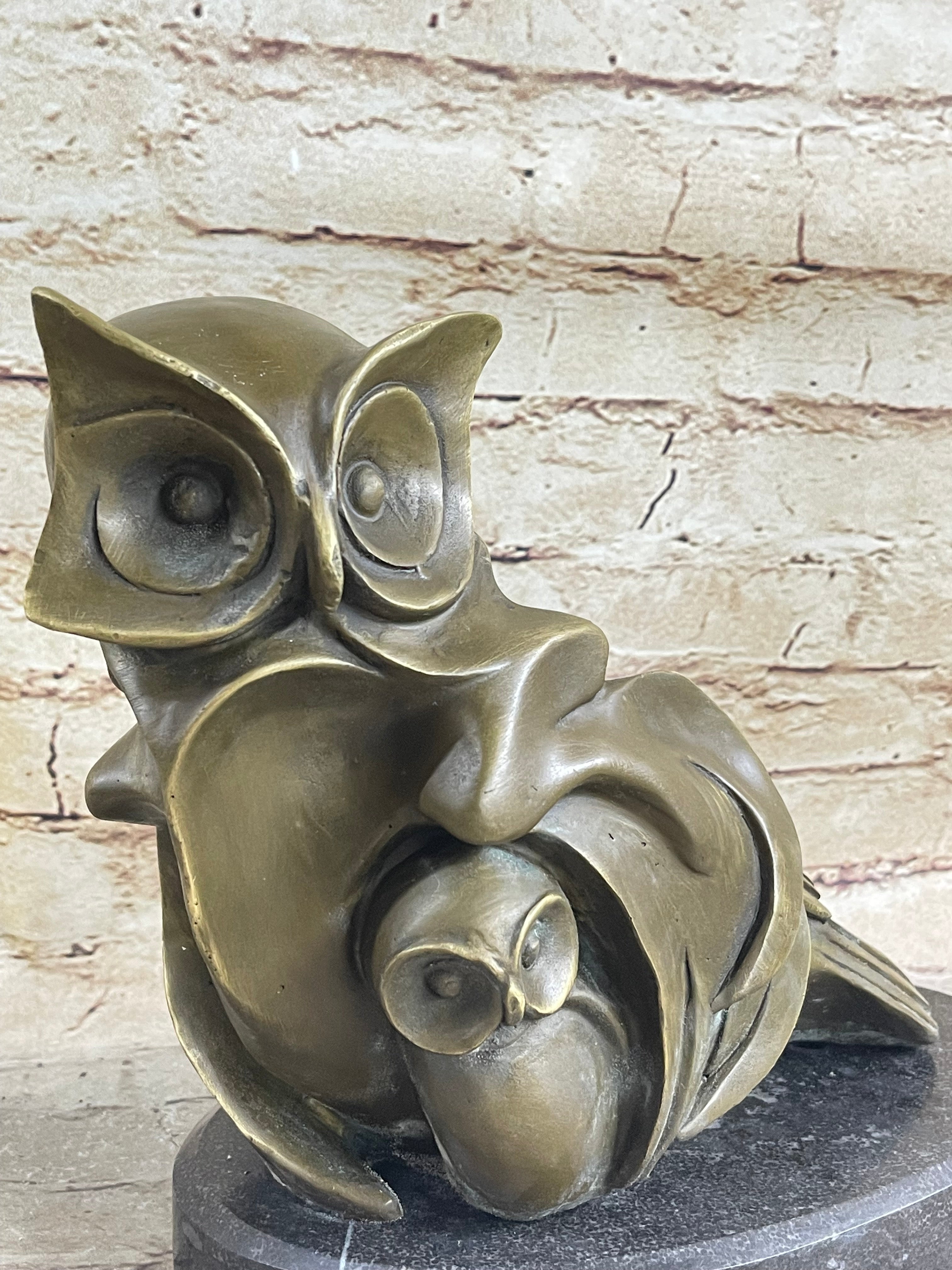 Signed Barye Owl Bird Bronze Sculpture Marble Base Art Deco