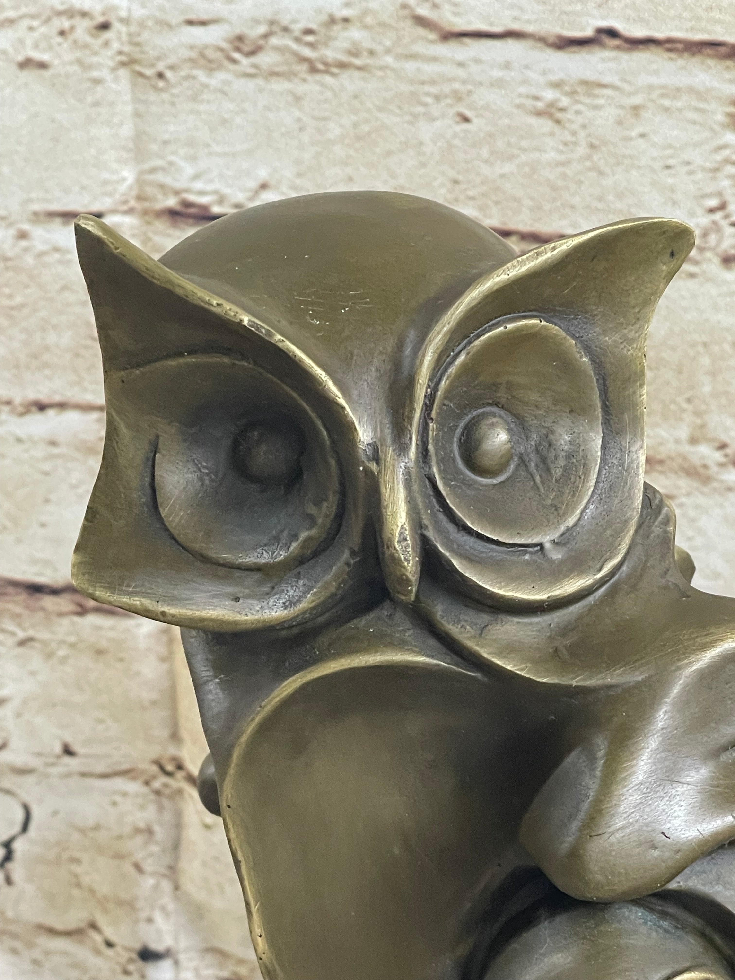 Signed Barye Owl Bird Bronze Sculpture Marble Base Art Deco