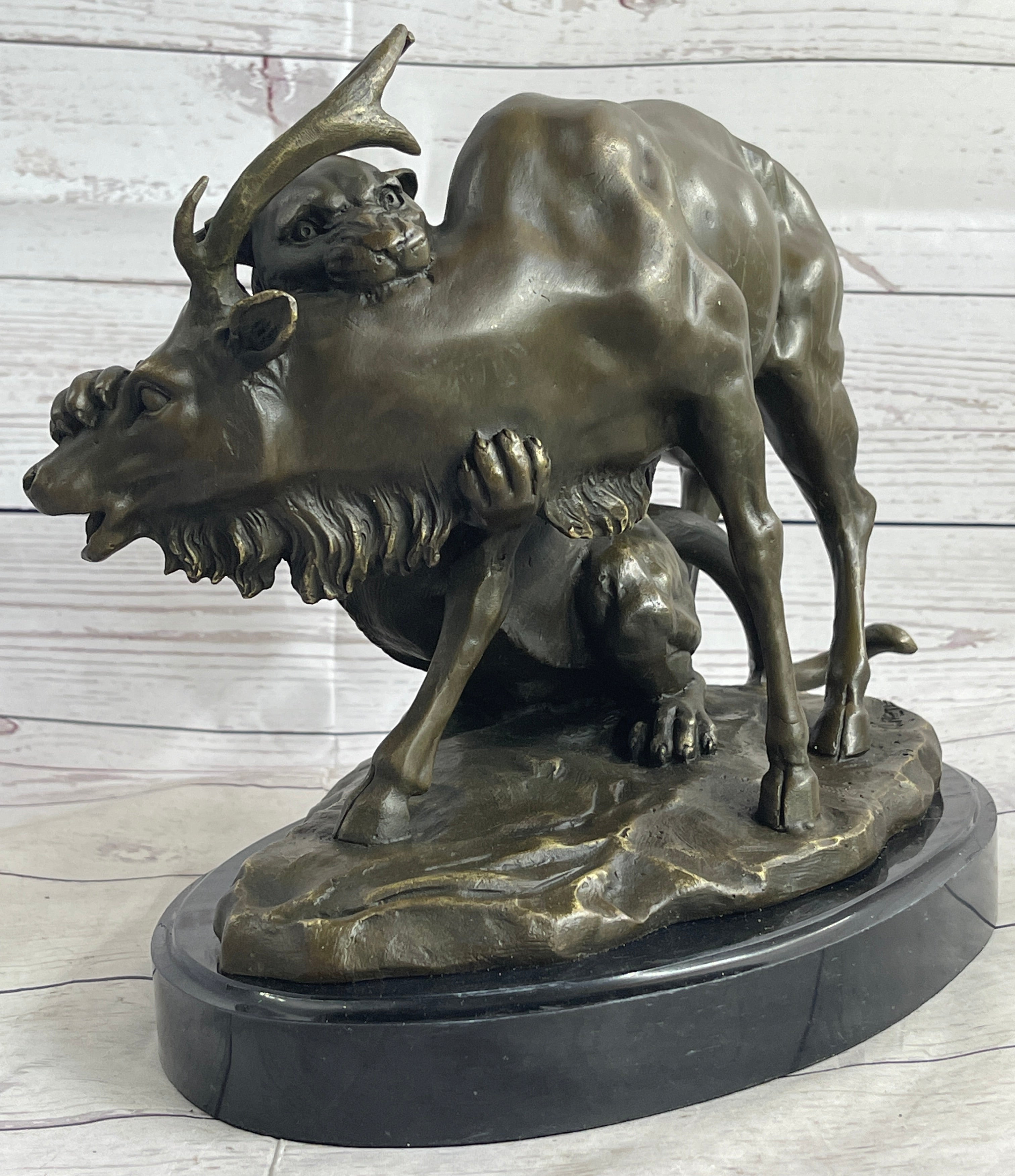 Mountain Lion Hunting Elk Deer by PJ Mene Bronze 11"X 13"