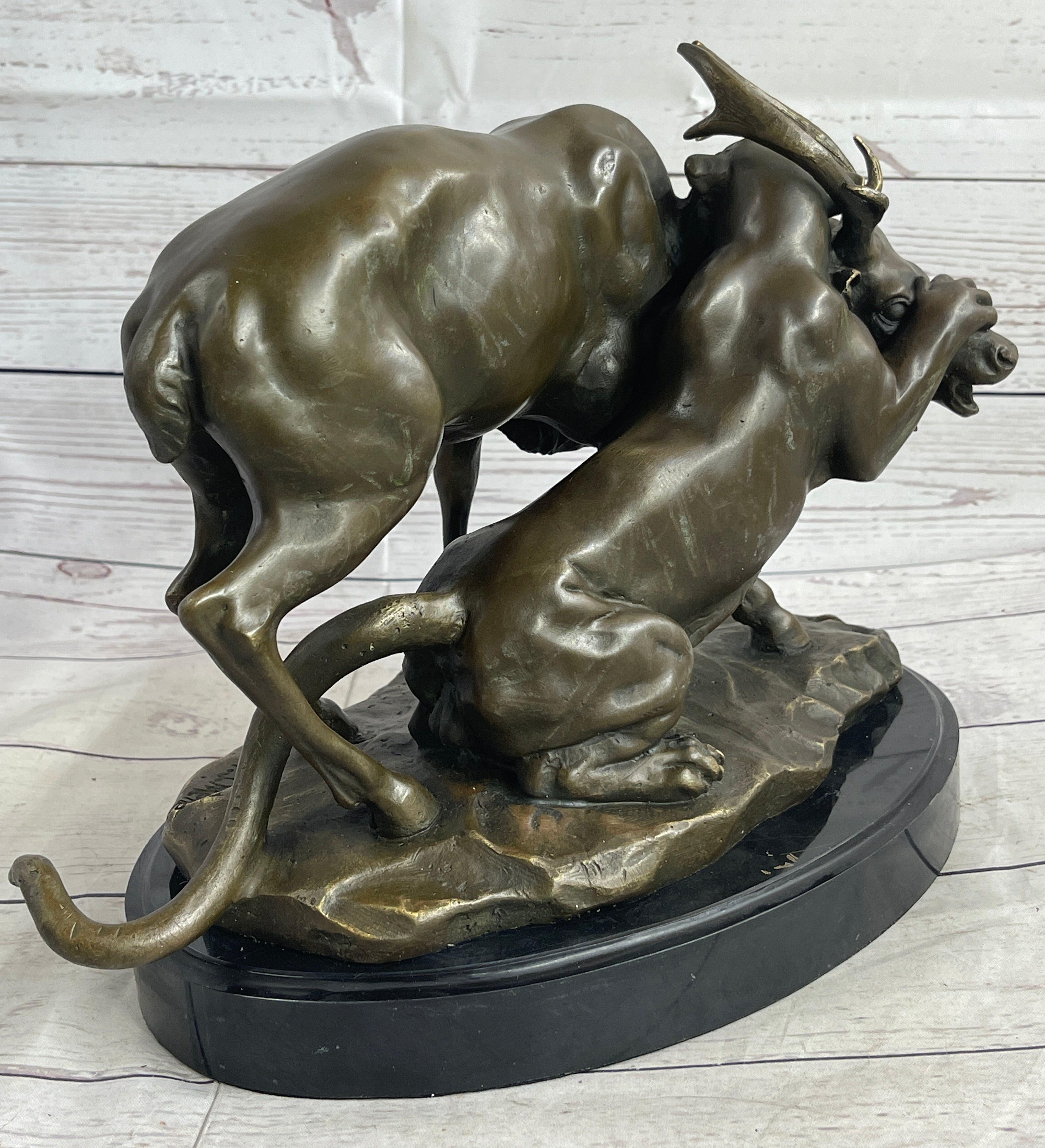 Mountain Lion Hunting Elk Deer by PJ Mene Bronze 11"X 13"