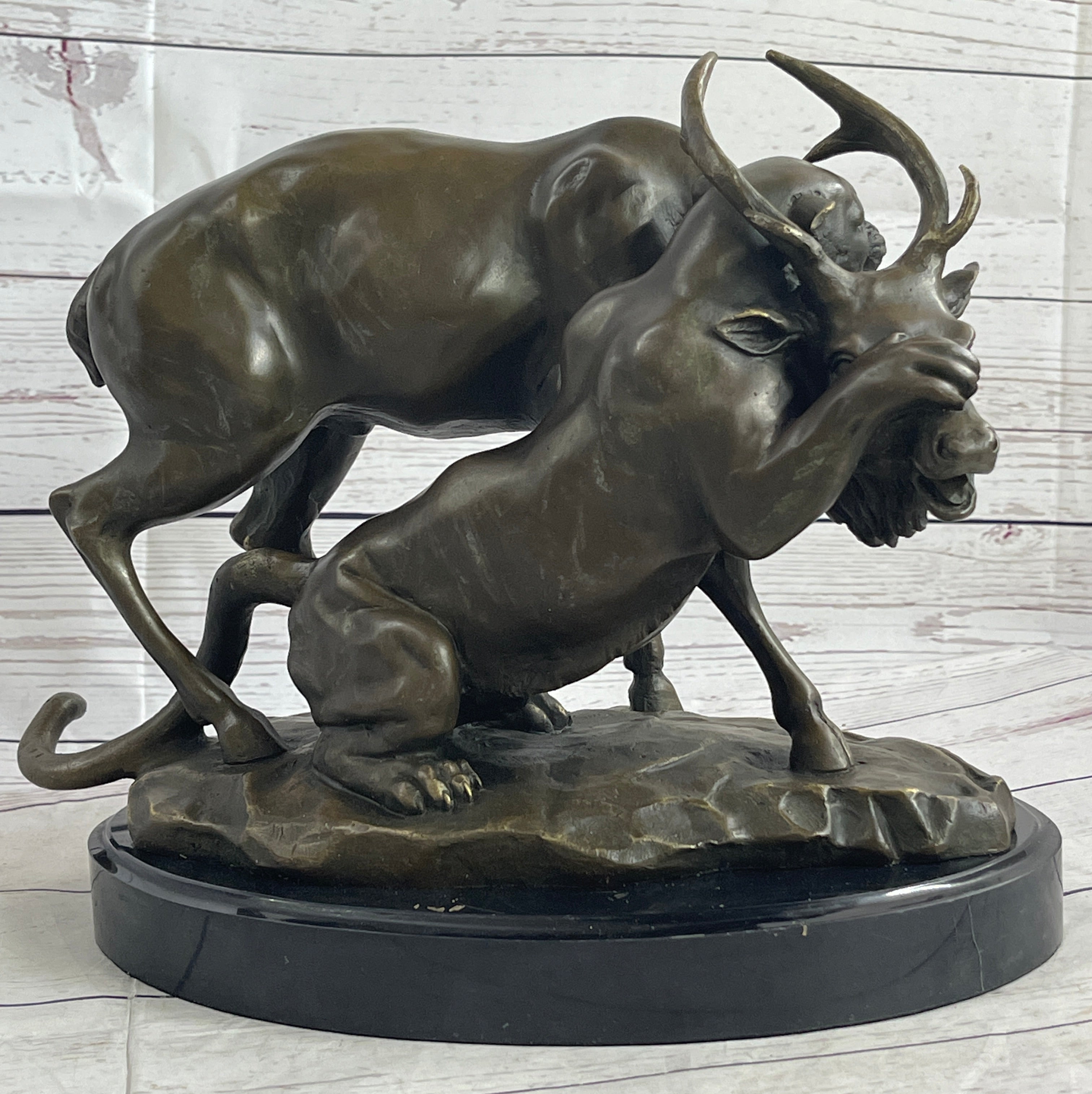 Mountain Lion Hunting Elk Deer by PJ Mene Bronze 11"X 13"
