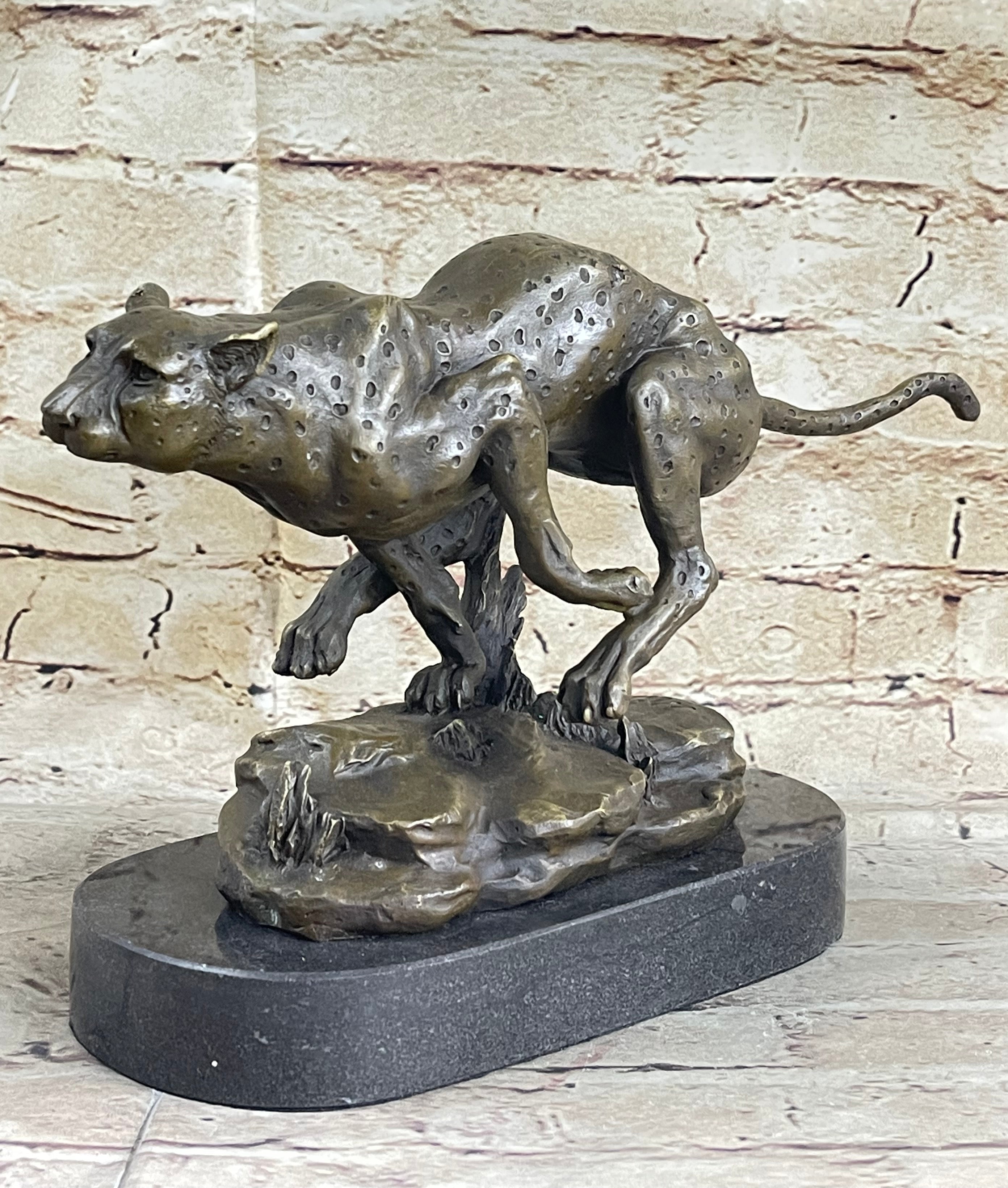 Running Cheetah Bronze Sculpture Signed Milo on Marble Base