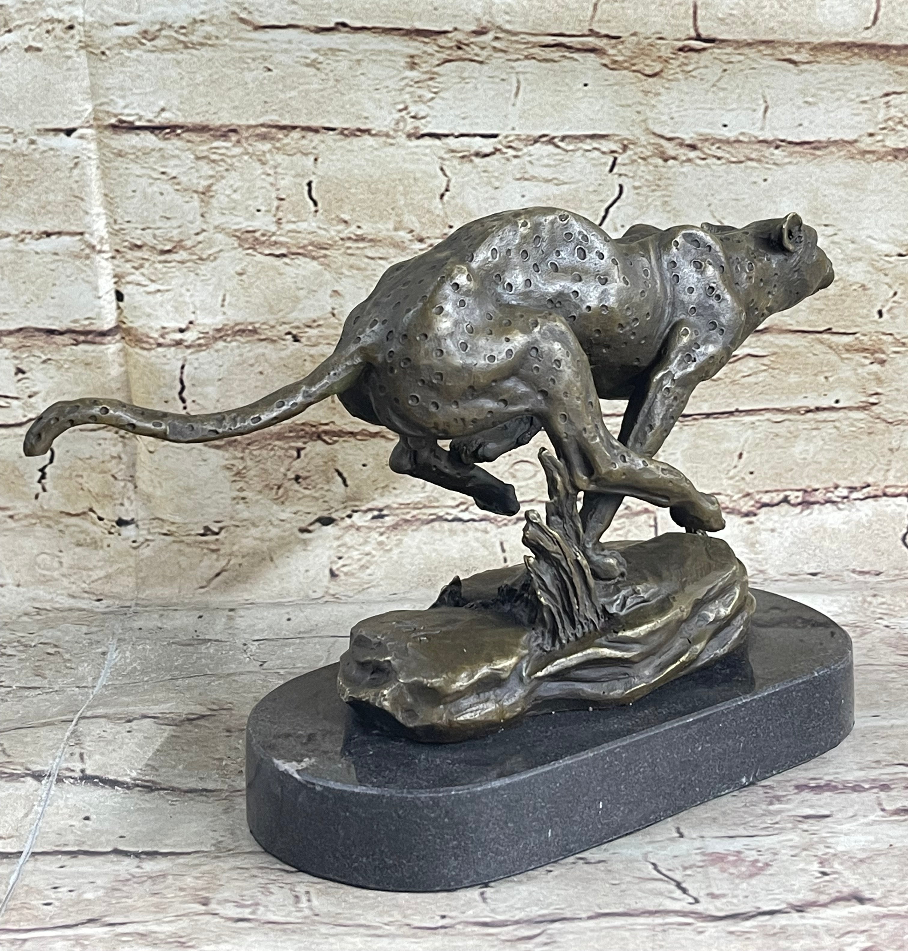Running Cheetah Bronze Sculpture Signed Milo on Marble Base