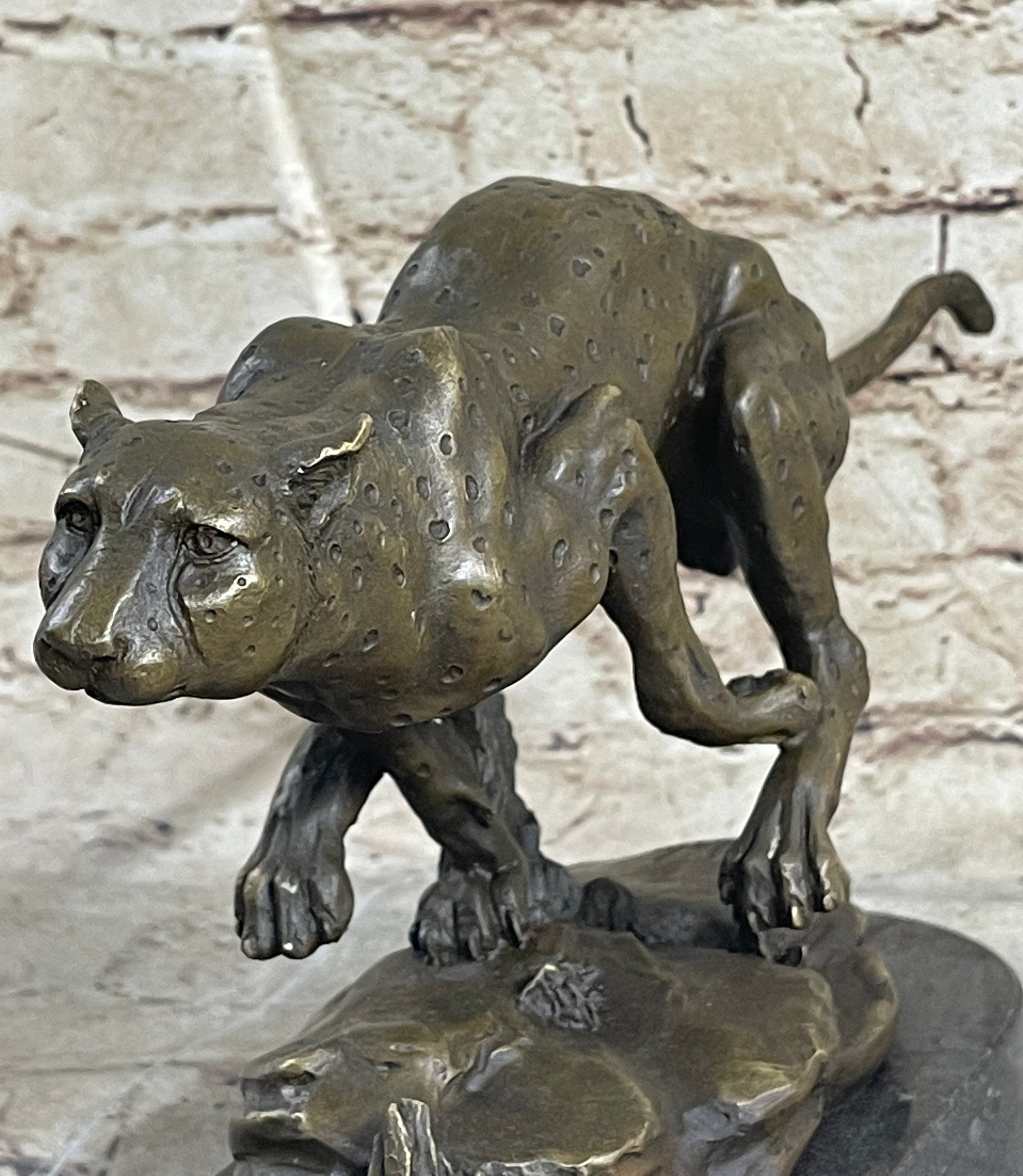 Running Cheetah Bronze Sculpture Signed Milo on Marble Base