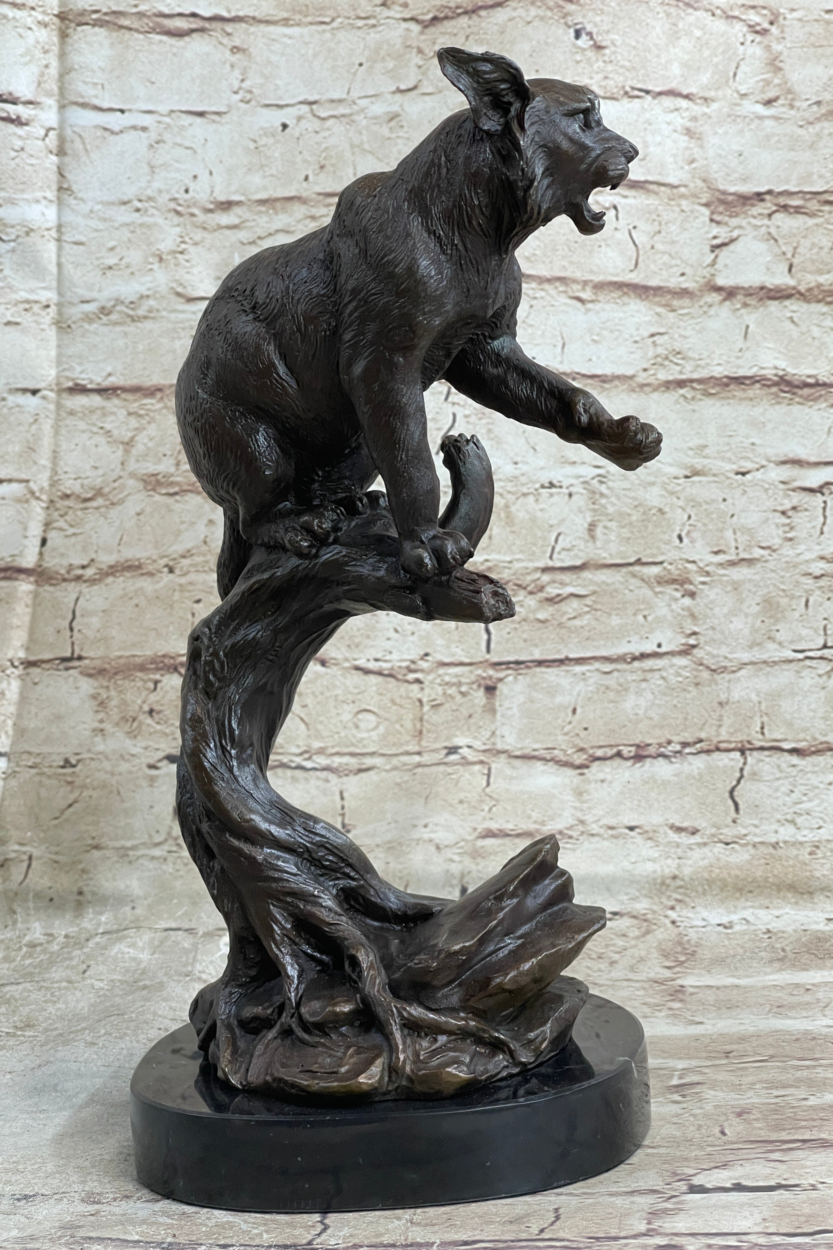 Cougar Panther Jaguar Cat Bronze Marble Base Bookend