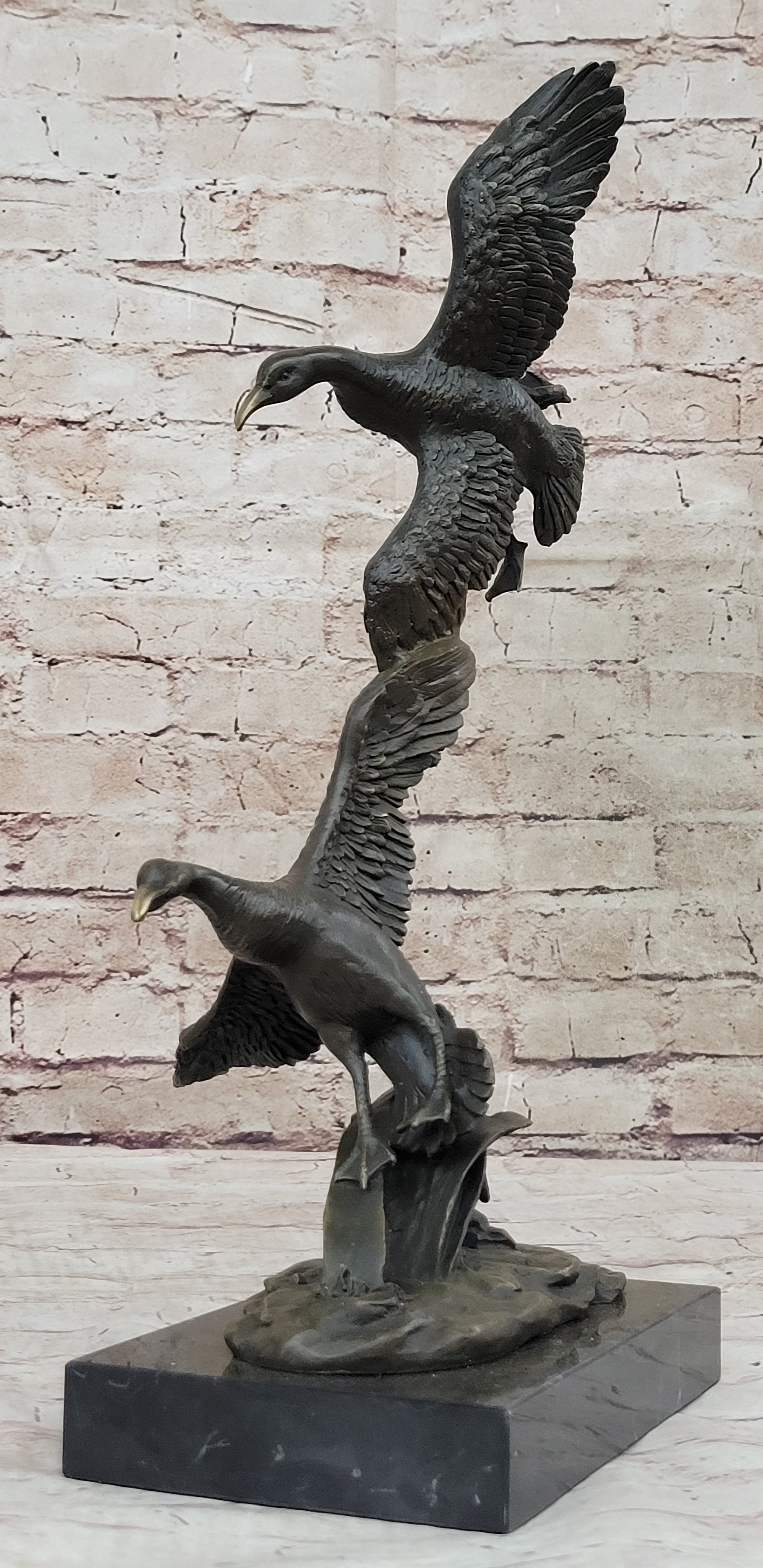 Flying Ducks Family Bronze Sculpture Marble Base 17" x 15"