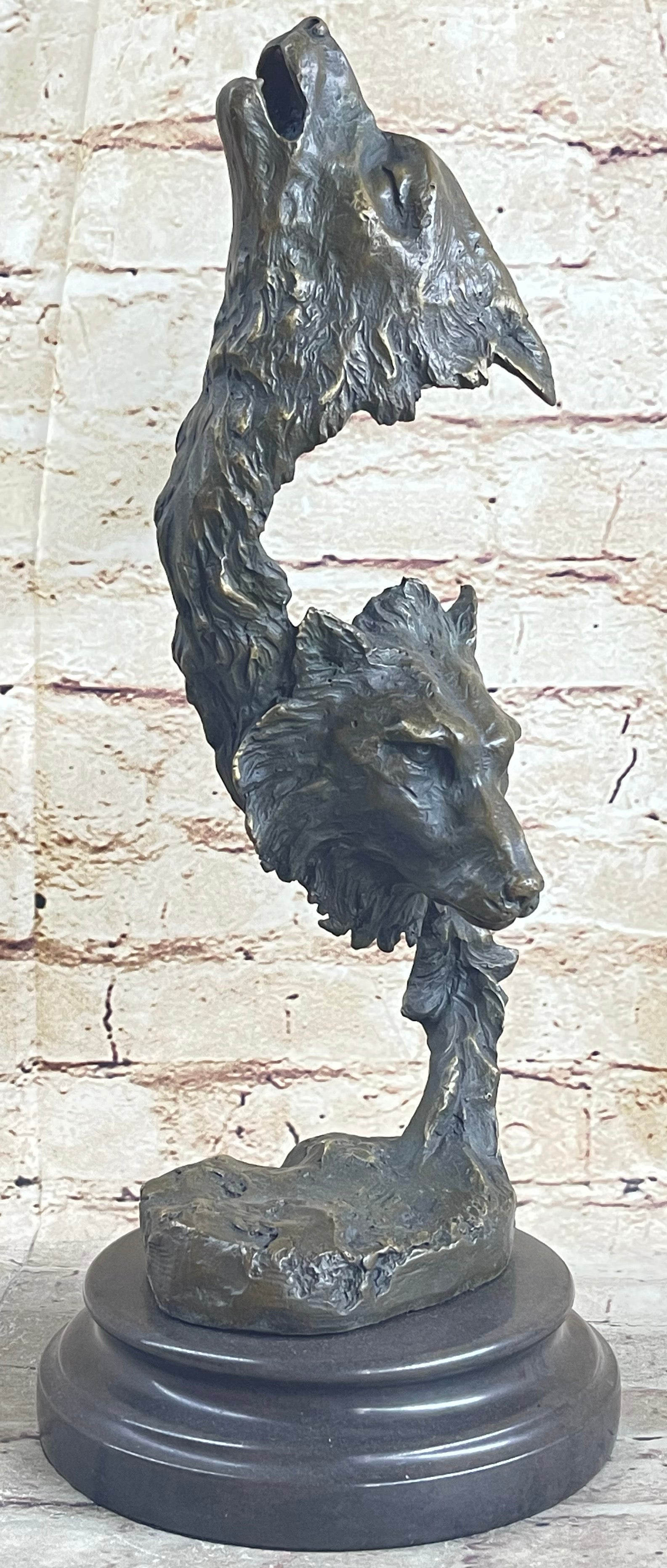 Signed Original Kanaev Two Wolves Wolf Head Bronze Sculpture
