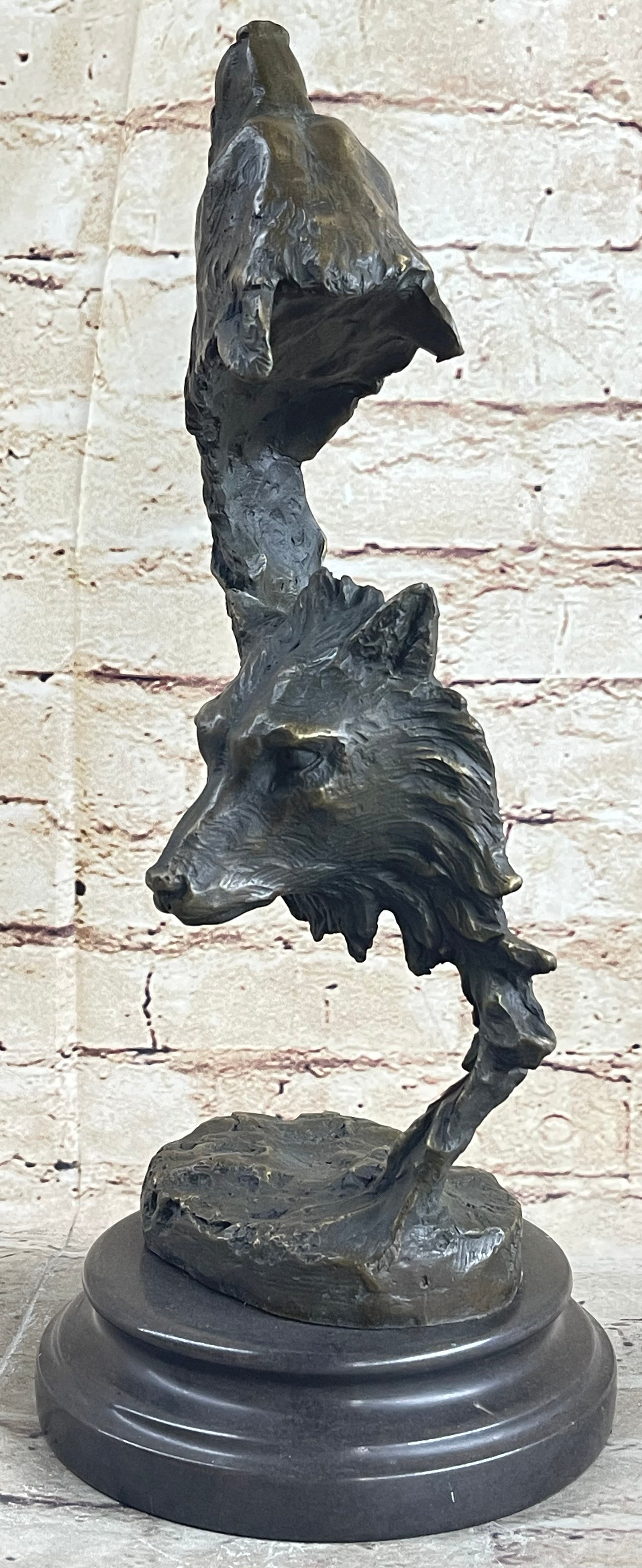 Signed Original Kanaev Two Wolves Wolf Head Bronze Sculpture