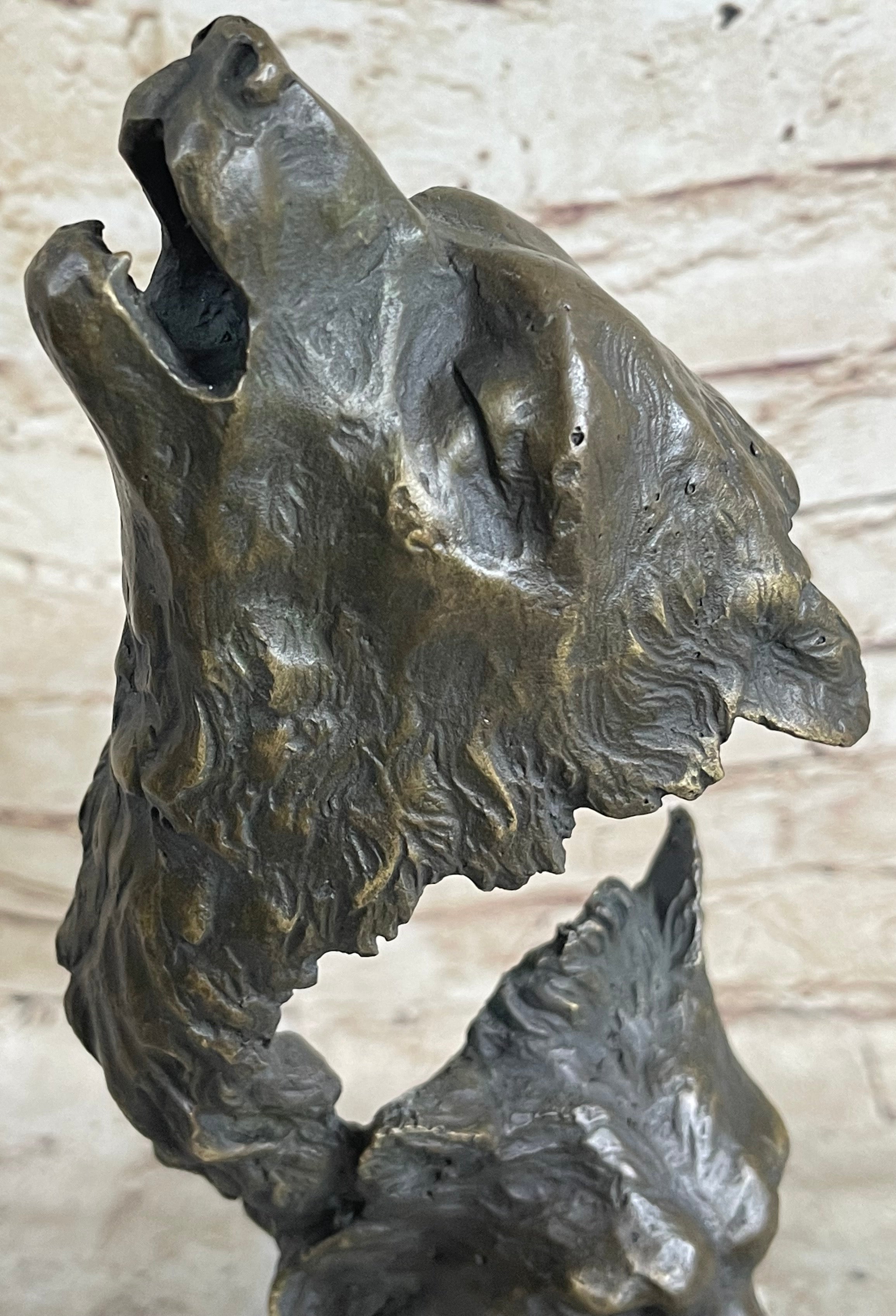 Signed Original Kanaev Two Wolves Wolf Head Bronze Sculpture