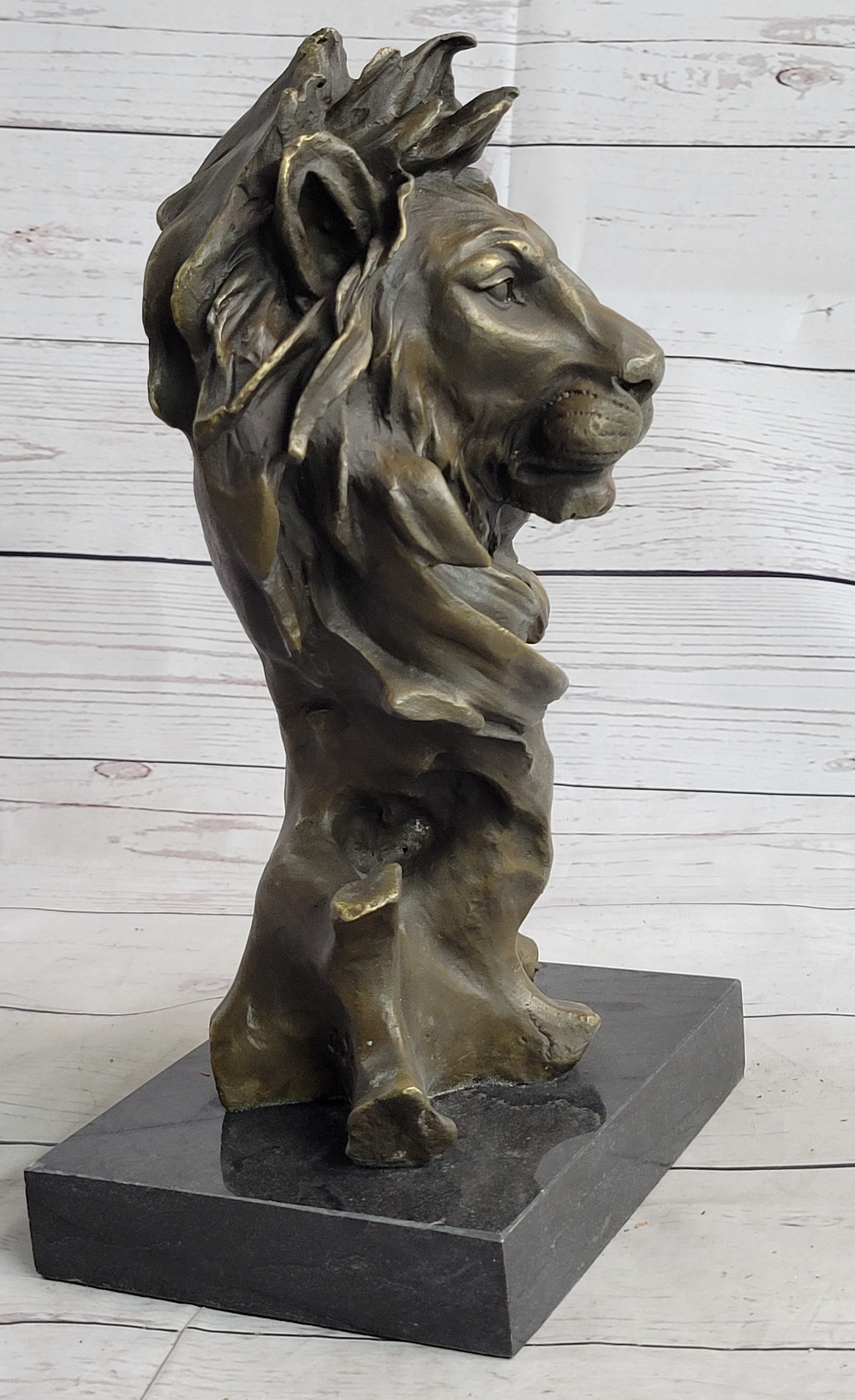 Male Lion Abstract Modern Bust Bronze Metal on Marble 12" x 7"