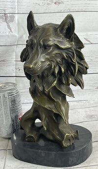 Abstract Bronze Wolf Head Bust Sculpture Signed 12" x 7"