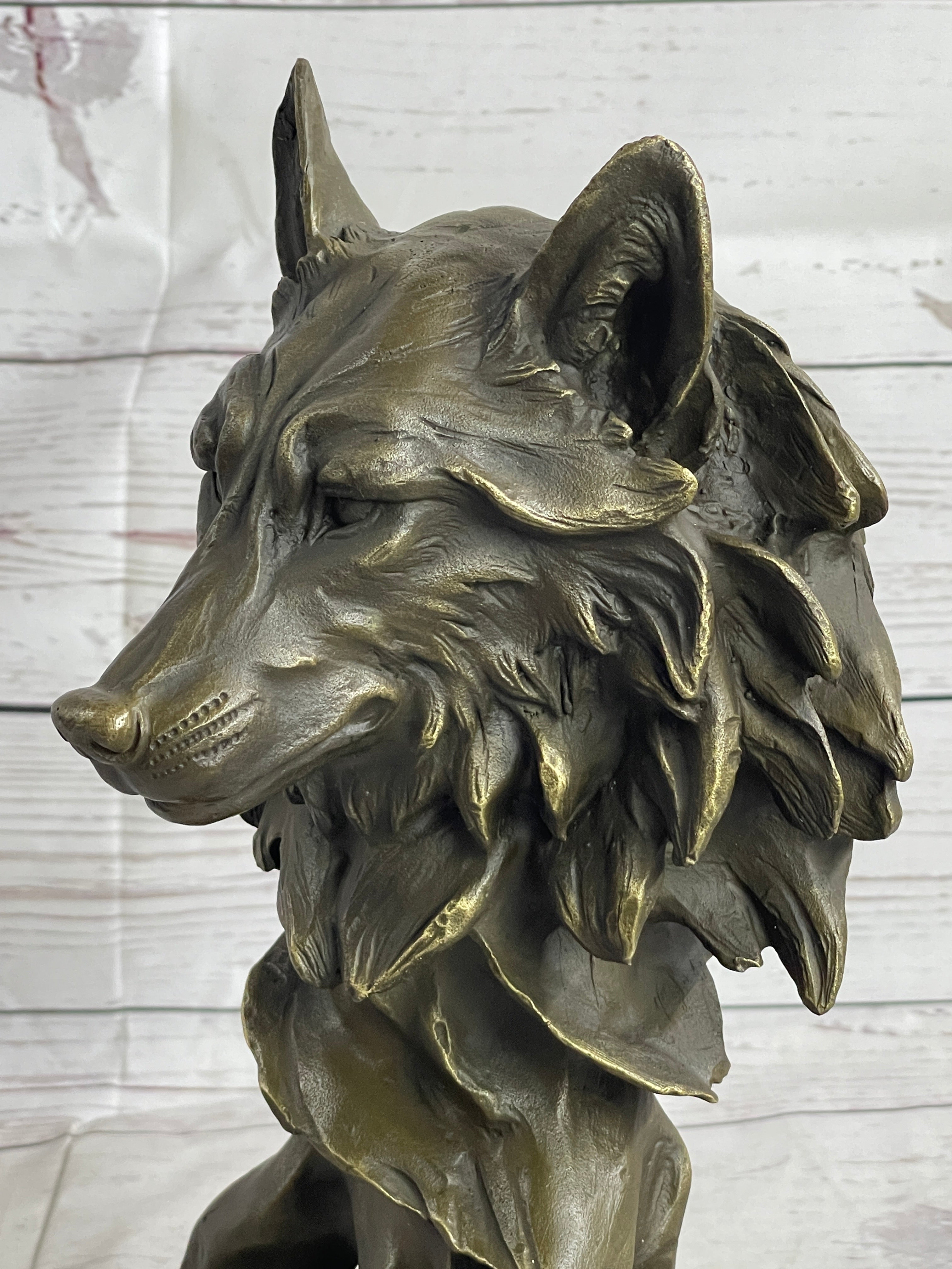 Abstract Bronze Wolf Head Bust Sculpture Signed 12" x 7"
