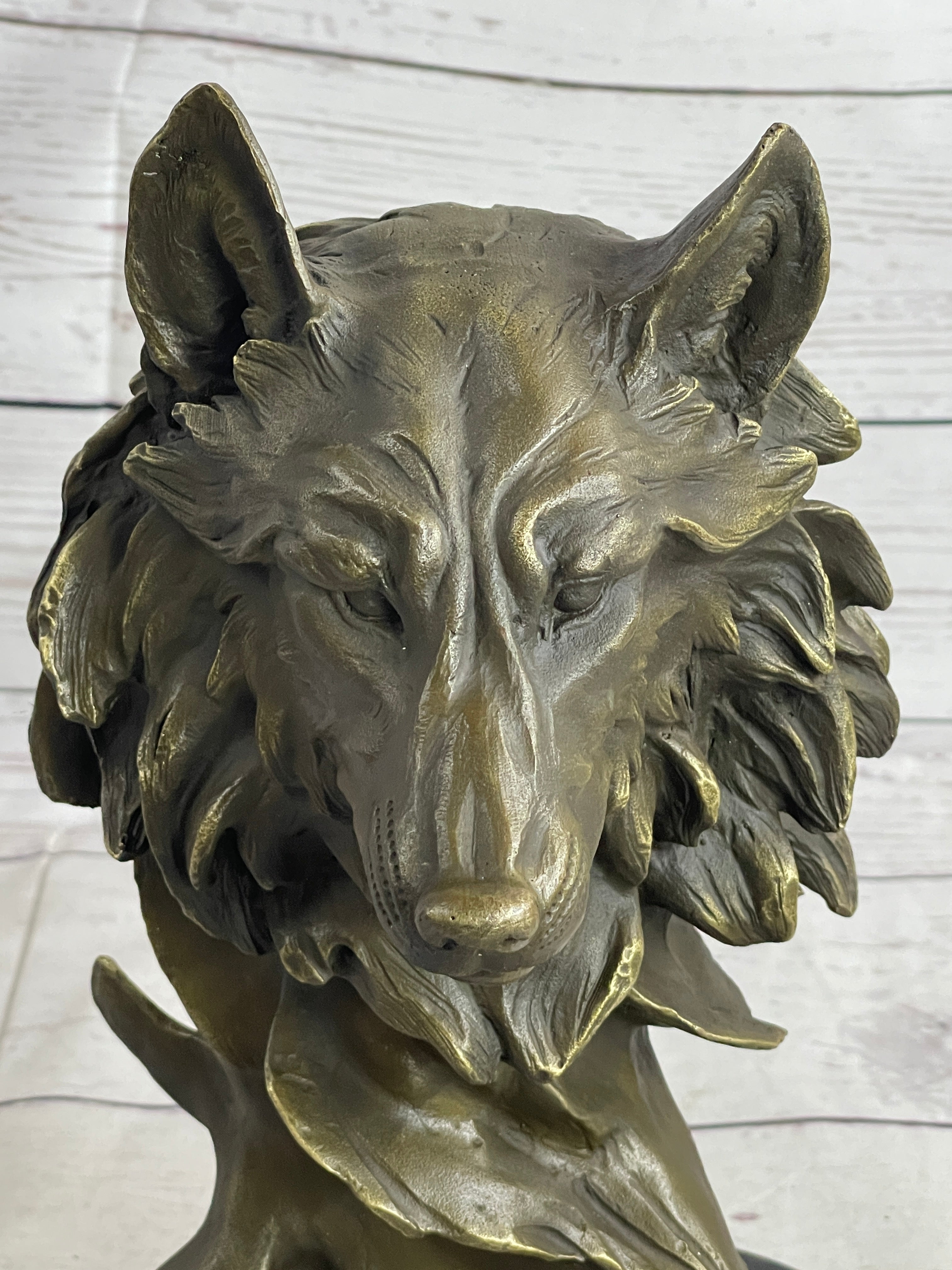 Abstract Bronze Wolf Head Bust Sculpture Signed 12" x 7"