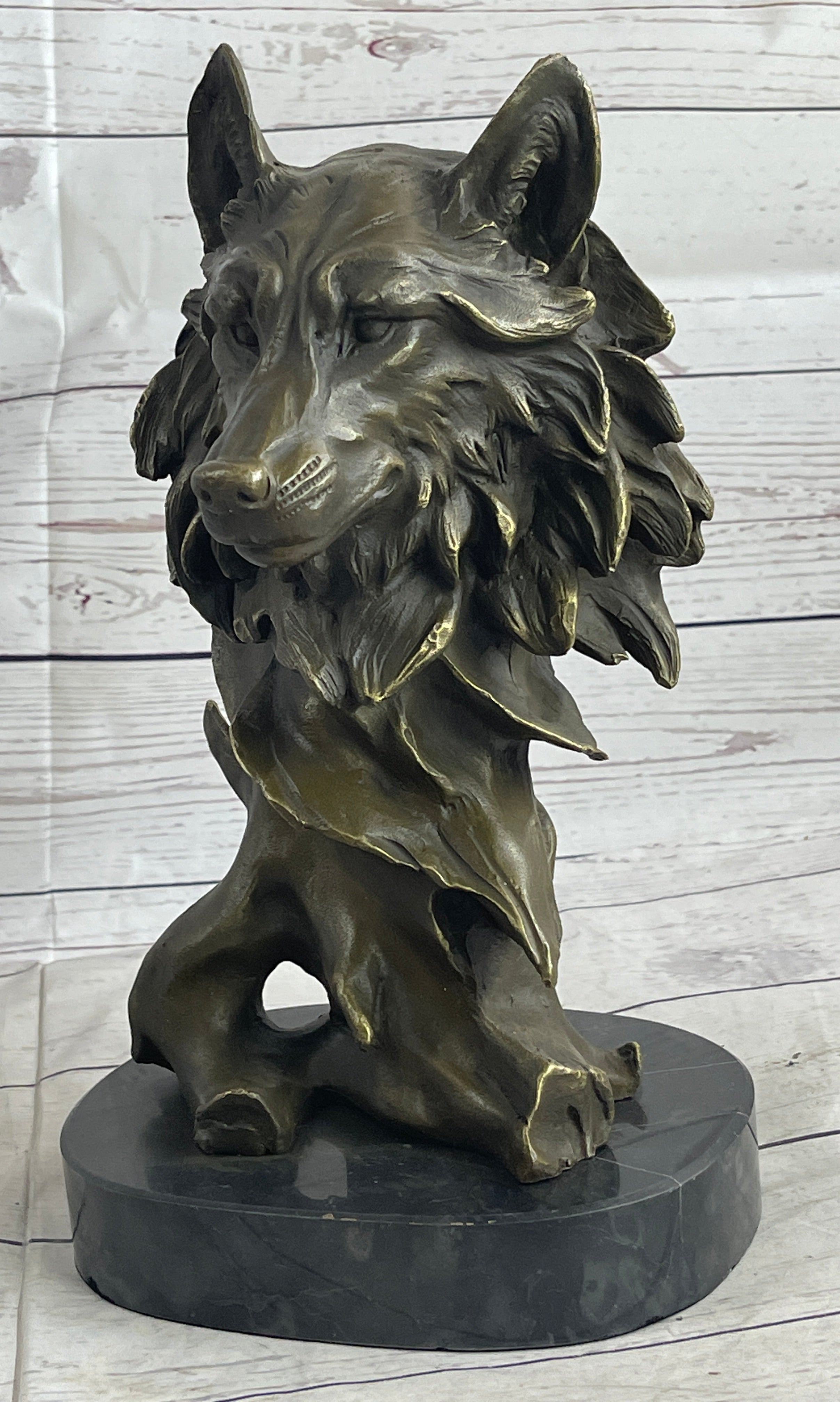 Abstract Bronze Wolf Head Bust Sculpture Signed 12" x 7"