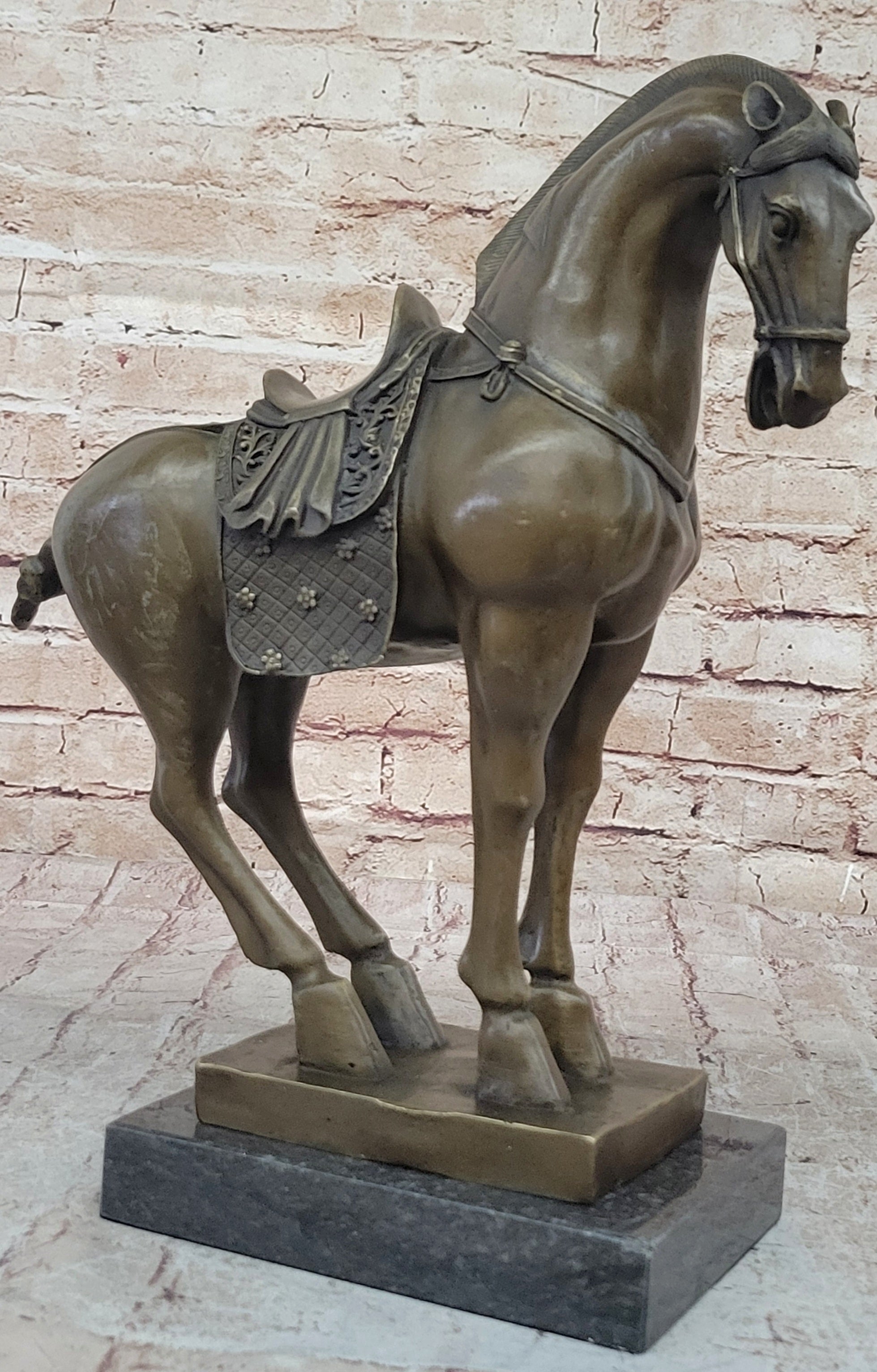 Tang Dynasty Horse Bronze Sculpture 14" x 12" Marble Base