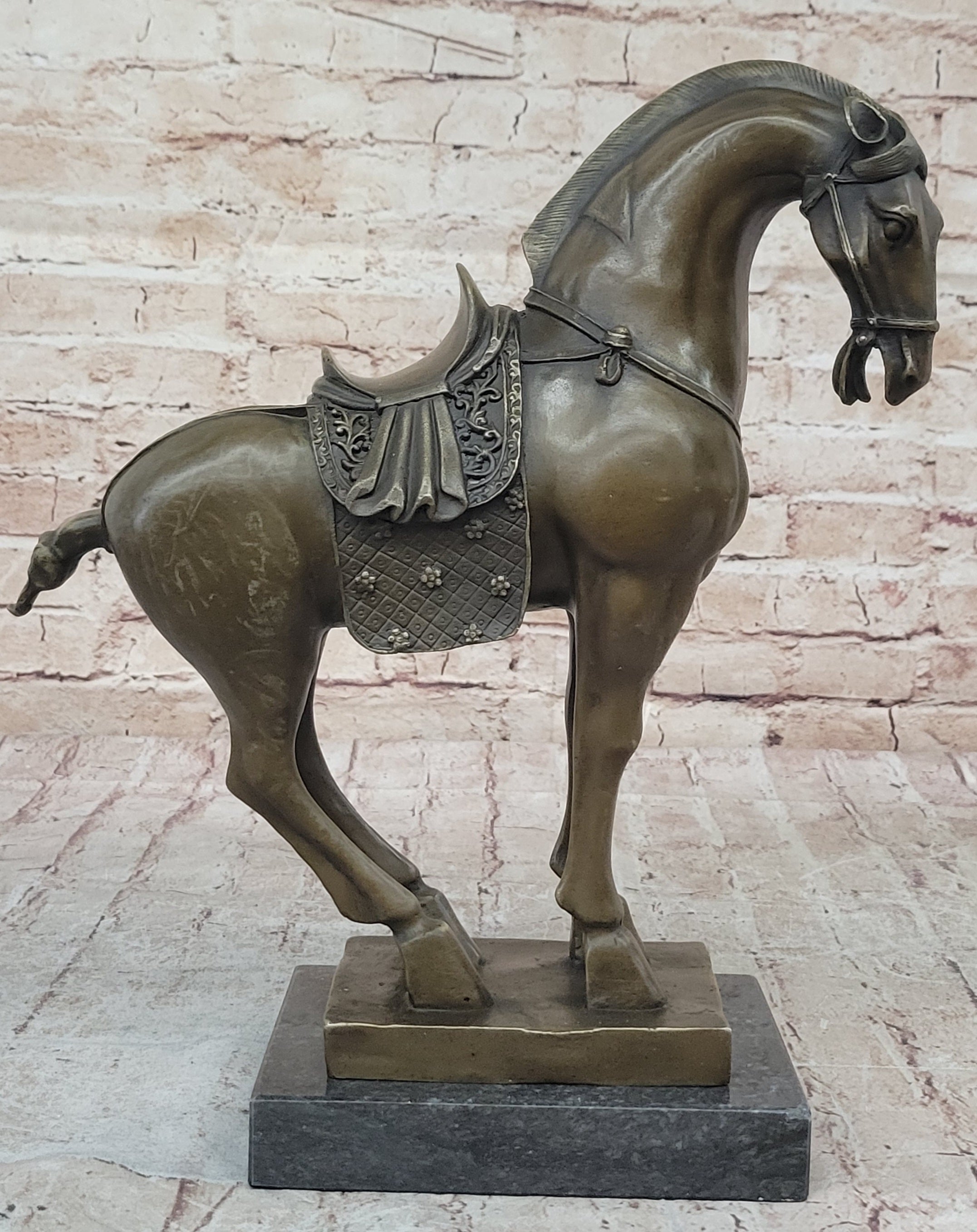 Tang Dynasty Horse Bronze Sculpture 14" x 12" Marble Base