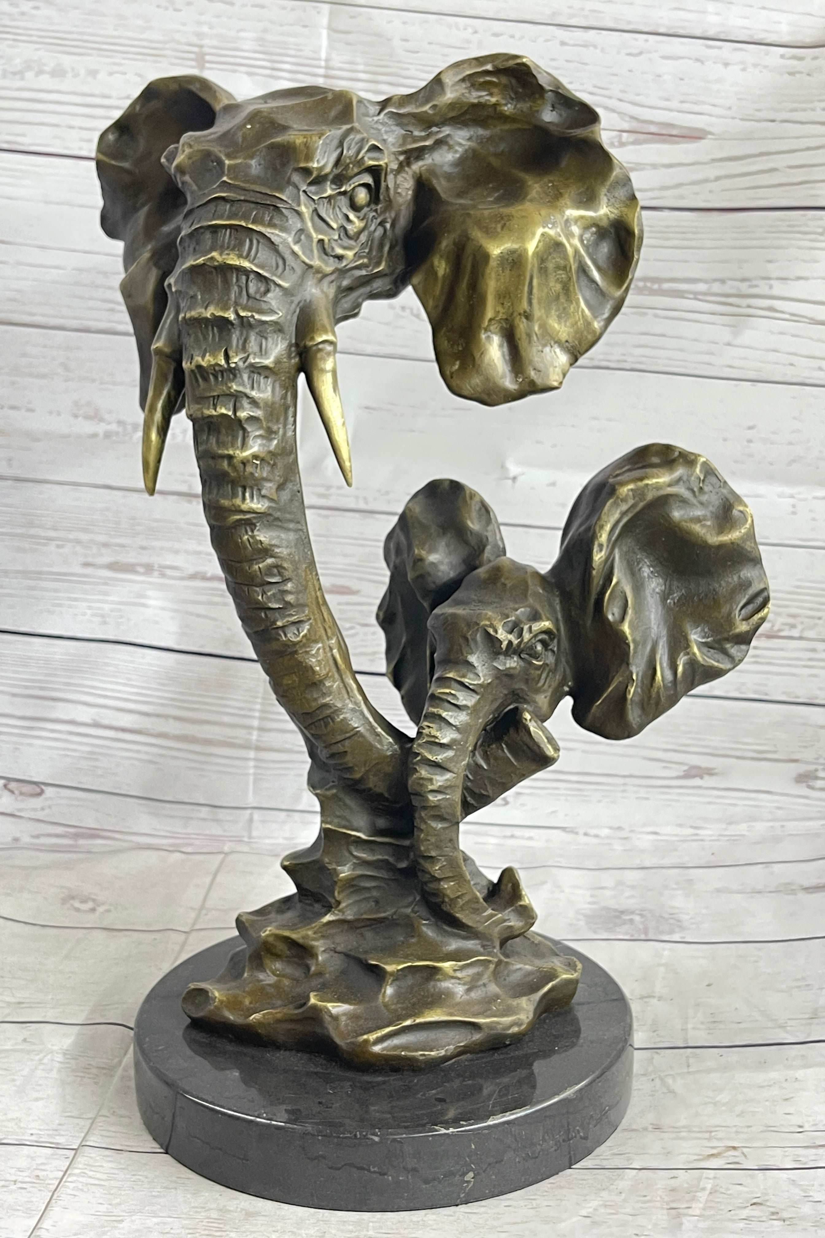 Elephant Family Abstract Bronze Bust Head Signed Modern Art 16" x 13"