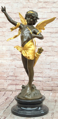 God of love Cupid Angel Statue Signed Moreau Genuine Bronze Sculpture