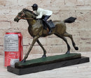 Jockey Riding Horse Bronze Figure Hot Cast Marble Base