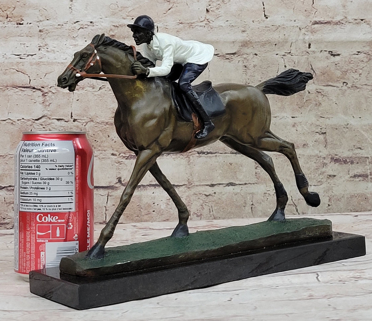 Jockey Riding Horse Bronze Figure Hot Cast Marble Base