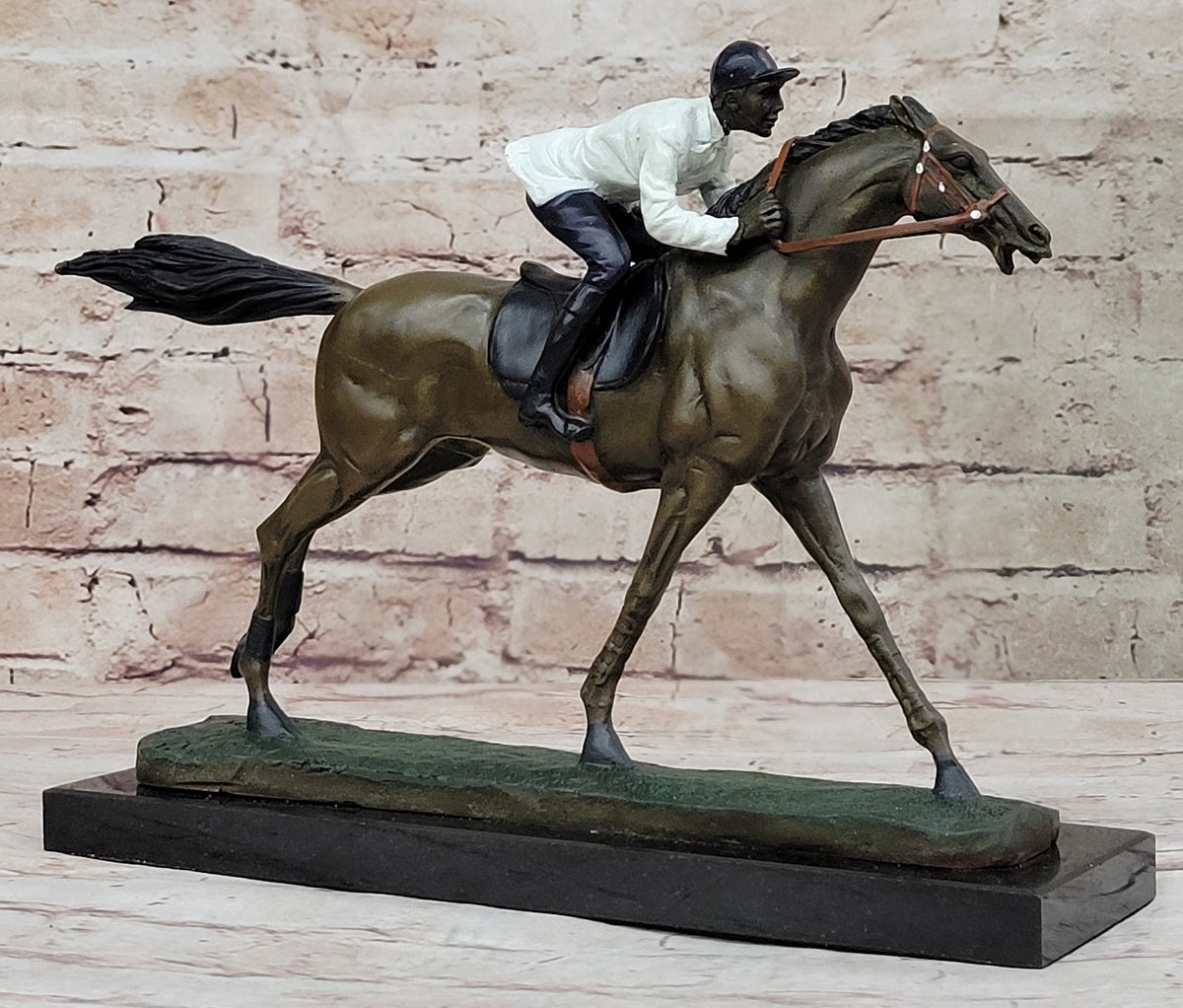 Jockey Riding Horse Bronze Figure Hot Cast Marble Base