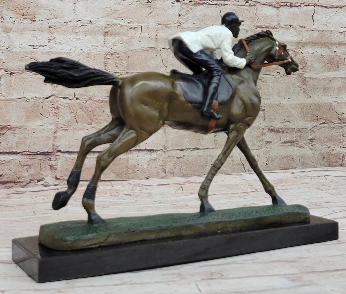 Jockey Riding Horse Bronze Figure Hot Cast Marble Base
