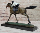 Jockey Riding Horse Bronze Figure Hot Cast Marble Base