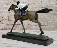Jockey Riding Horse Bronze Figure Hot Cast Marble Base