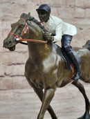 Jockey Riding Horse Bronze Figure Hot Cast Marble Base
