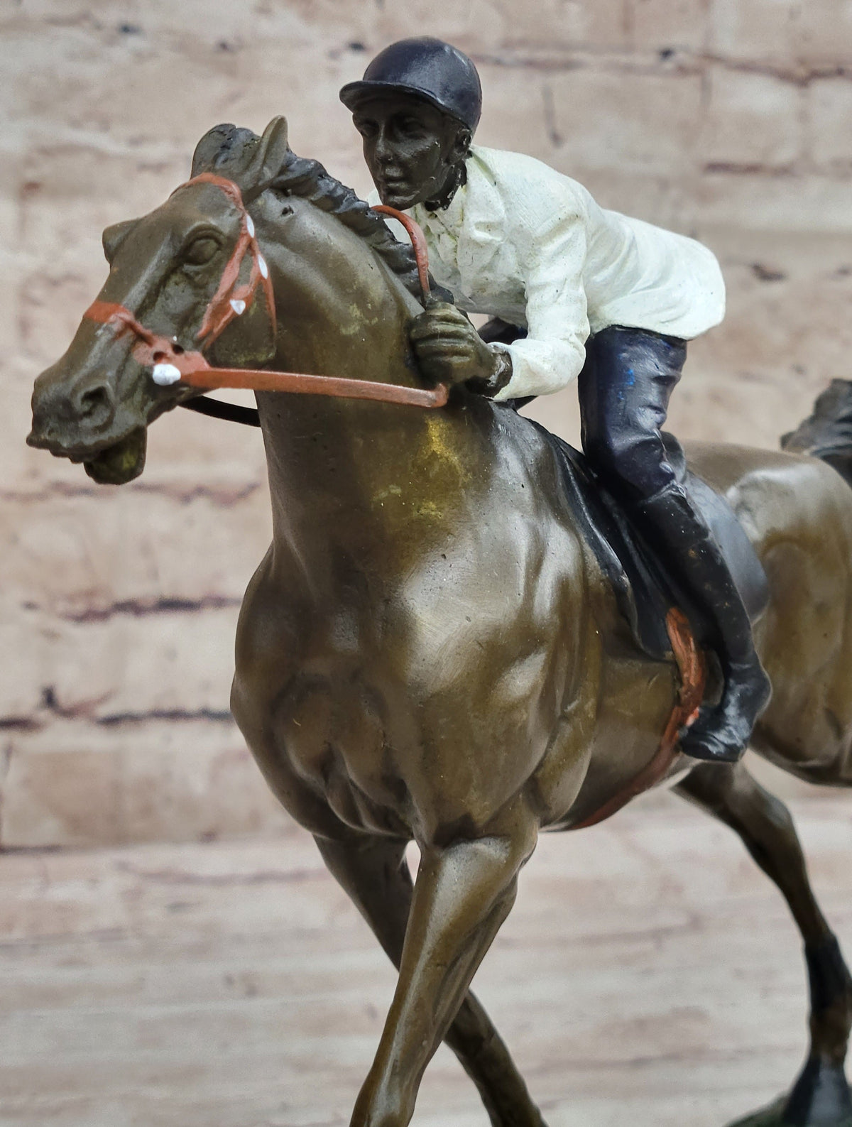 Jockey Riding Horse Bronze Figure Hot Cast Marble Base