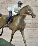 Jockey Riding Horse Bronze Figure Hot Cast Marble Base