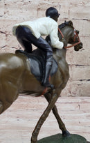Jockey Riding Horse Bronze Figure Hot Cast Marble Base