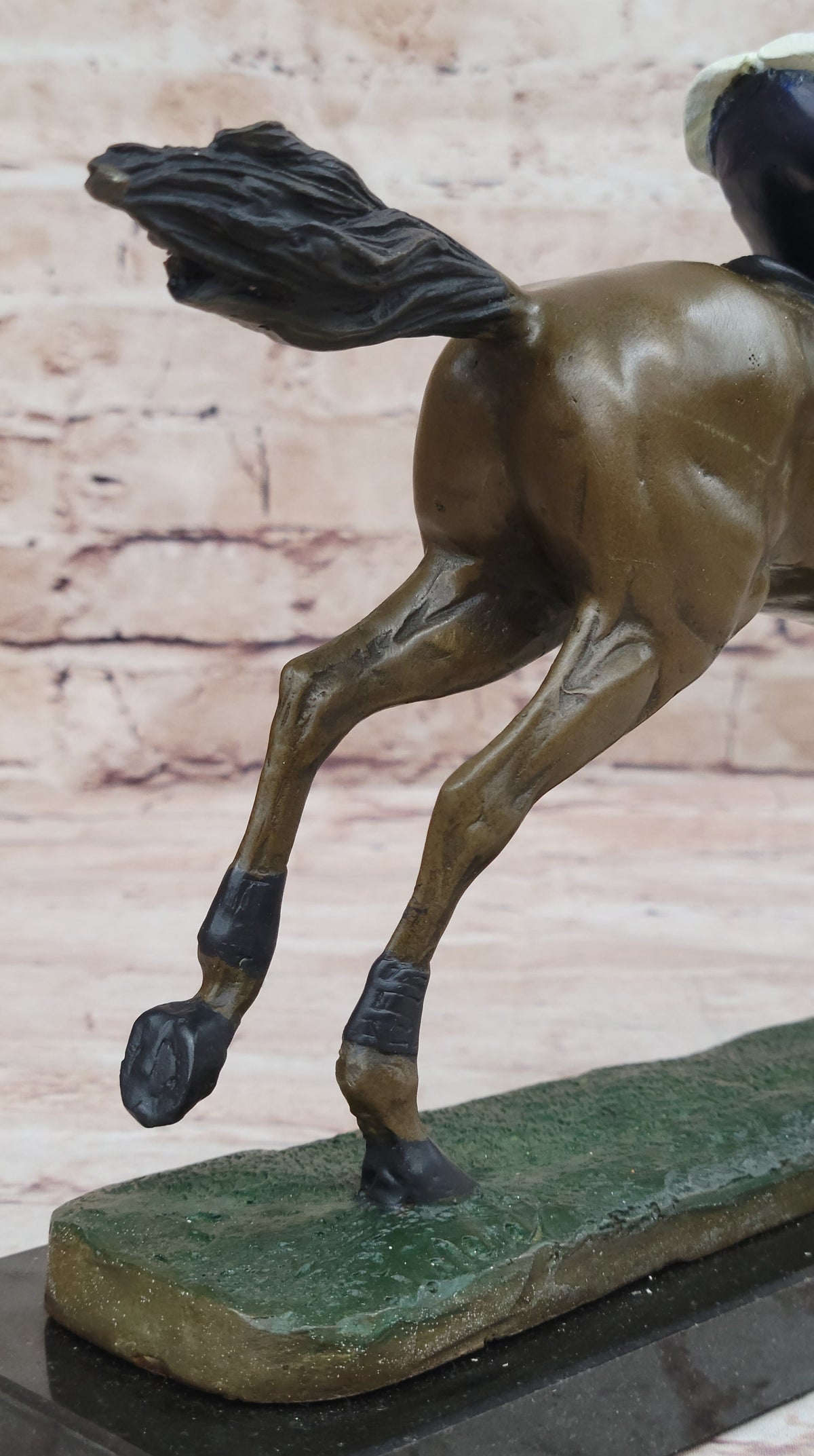 Jockey Riding Horse Bronze Figure Hot Cast Marble Base