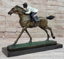Jockey Riding Horse Bronze Figure Hot Cast Marble Base