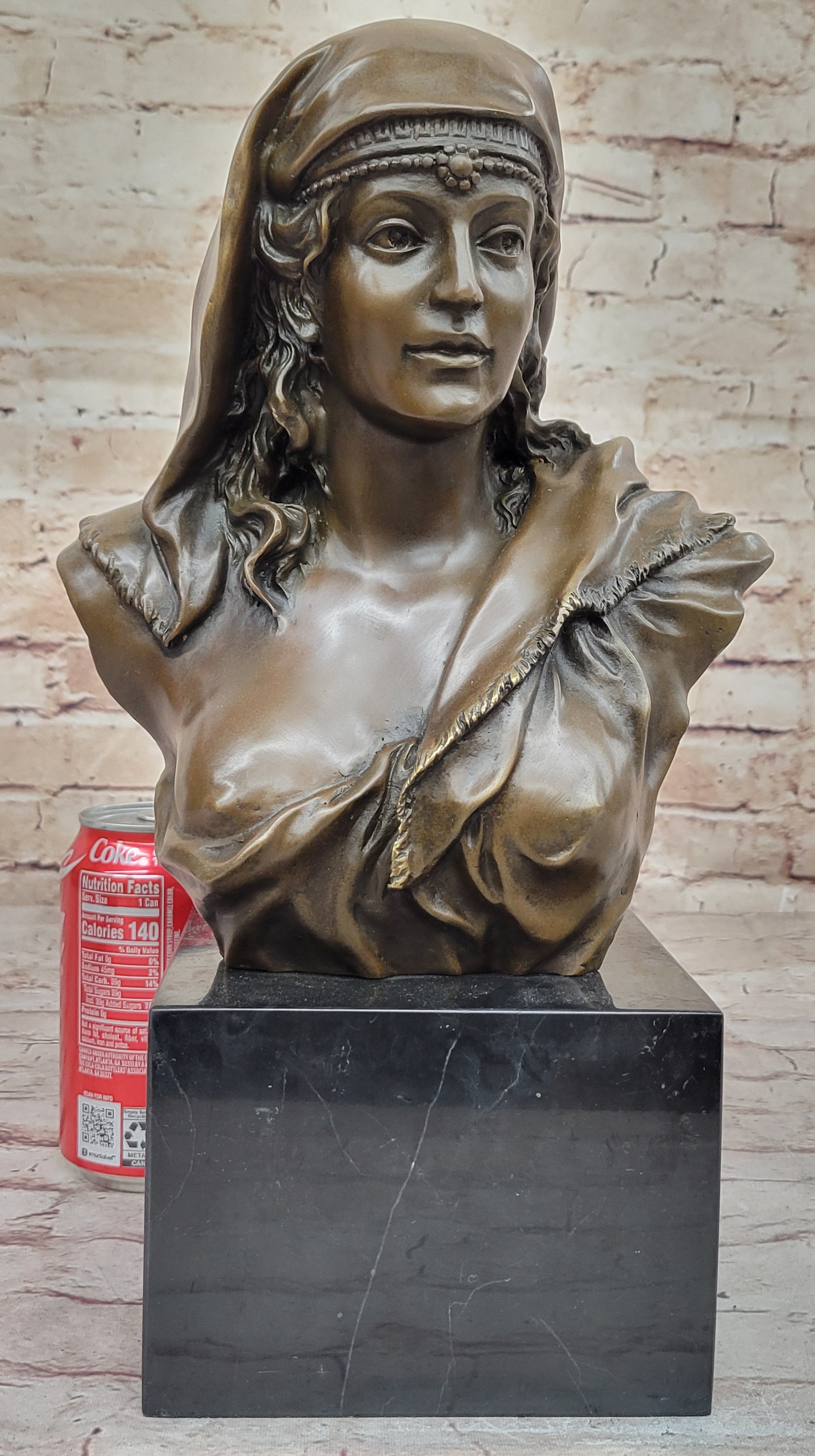 Semi Nude Classical Female Bust Sculpture on Marble Base by Coyvaux