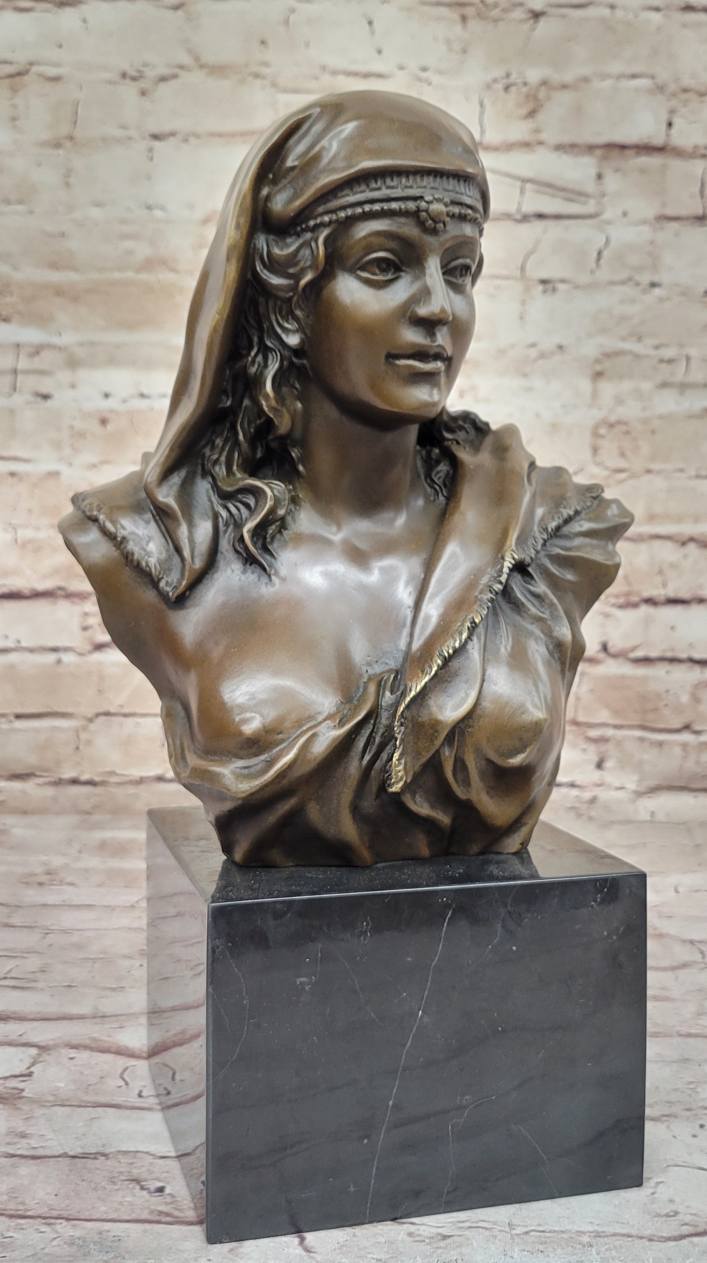 Semi Nude Classical Female Bust Sculpture on Marble Base by Coyvaux