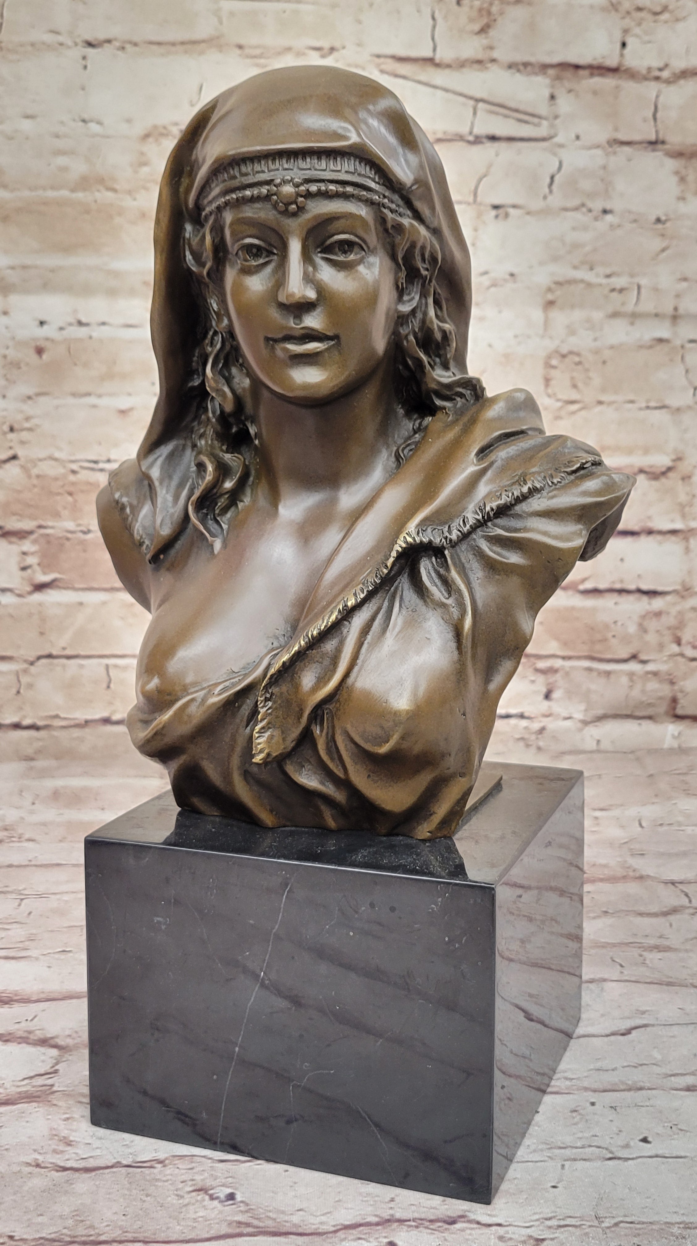 Semi Nude Classical Female Bust Sculpture on Marble Base by Coyvaux