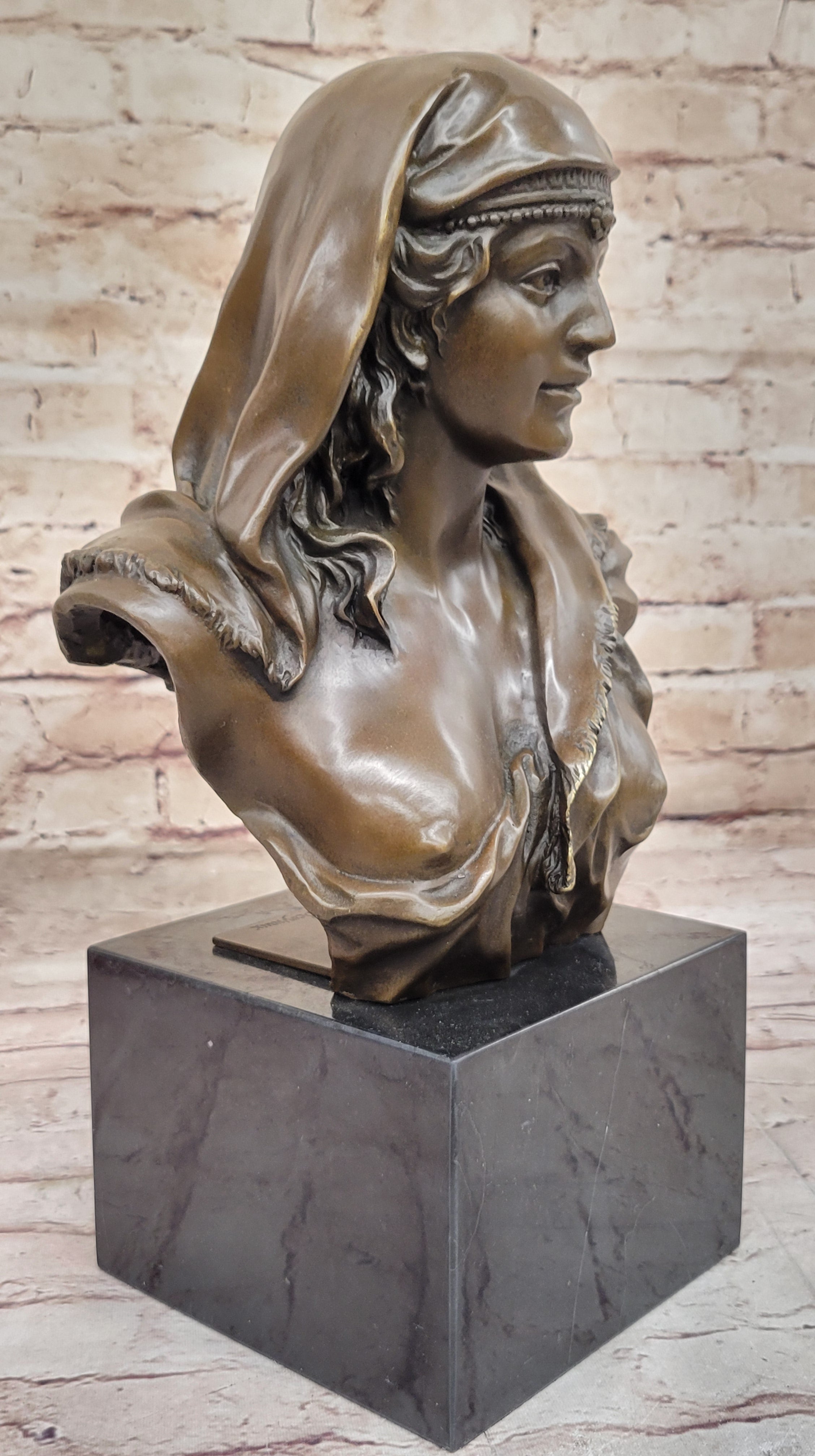 Semi Nude Classical Female Bust Sculpture on Marble Base by Coyvaux