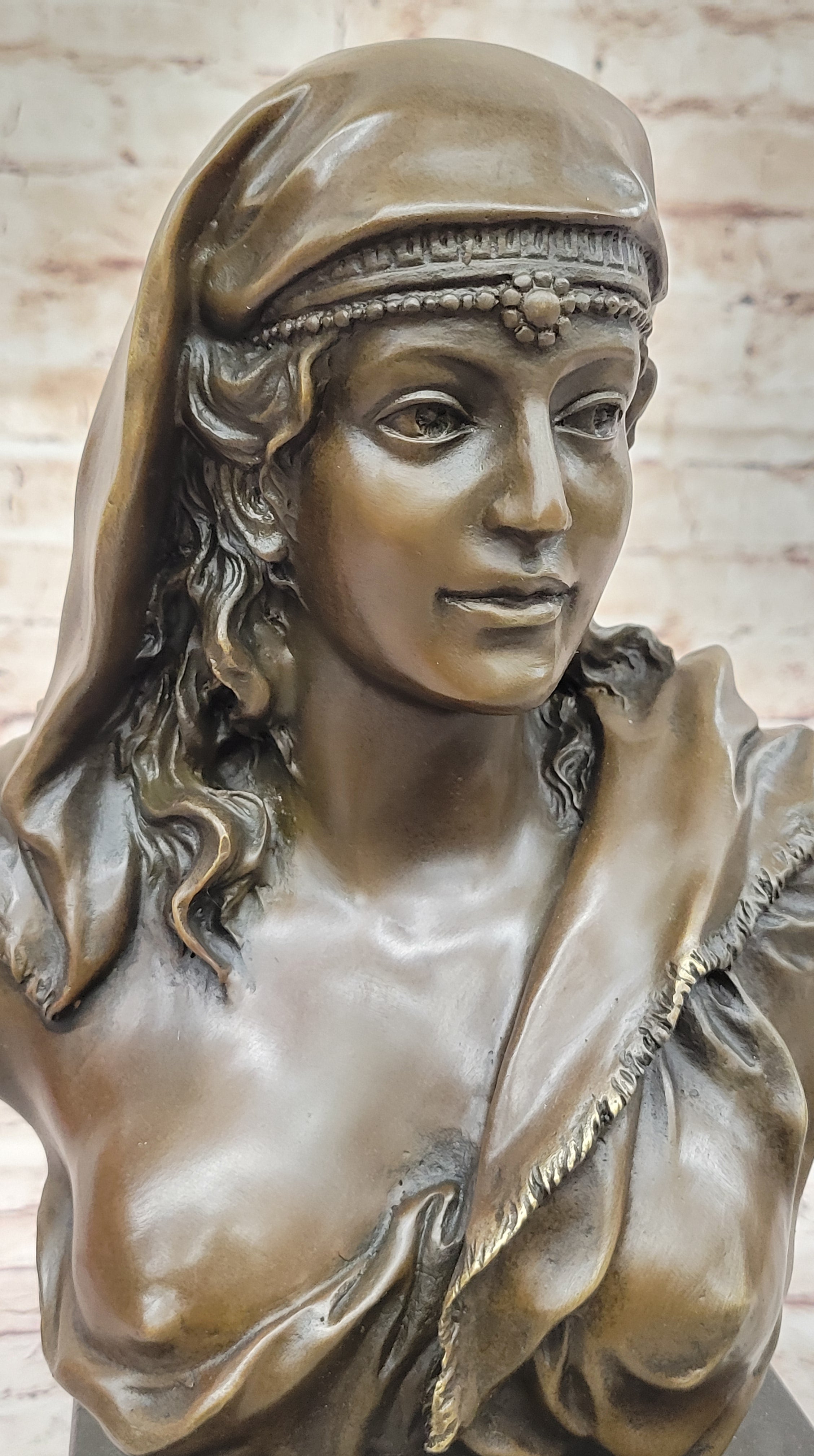 Semi Nude Classical Female Bust Sculpture on Marble Base by Coyvaux
