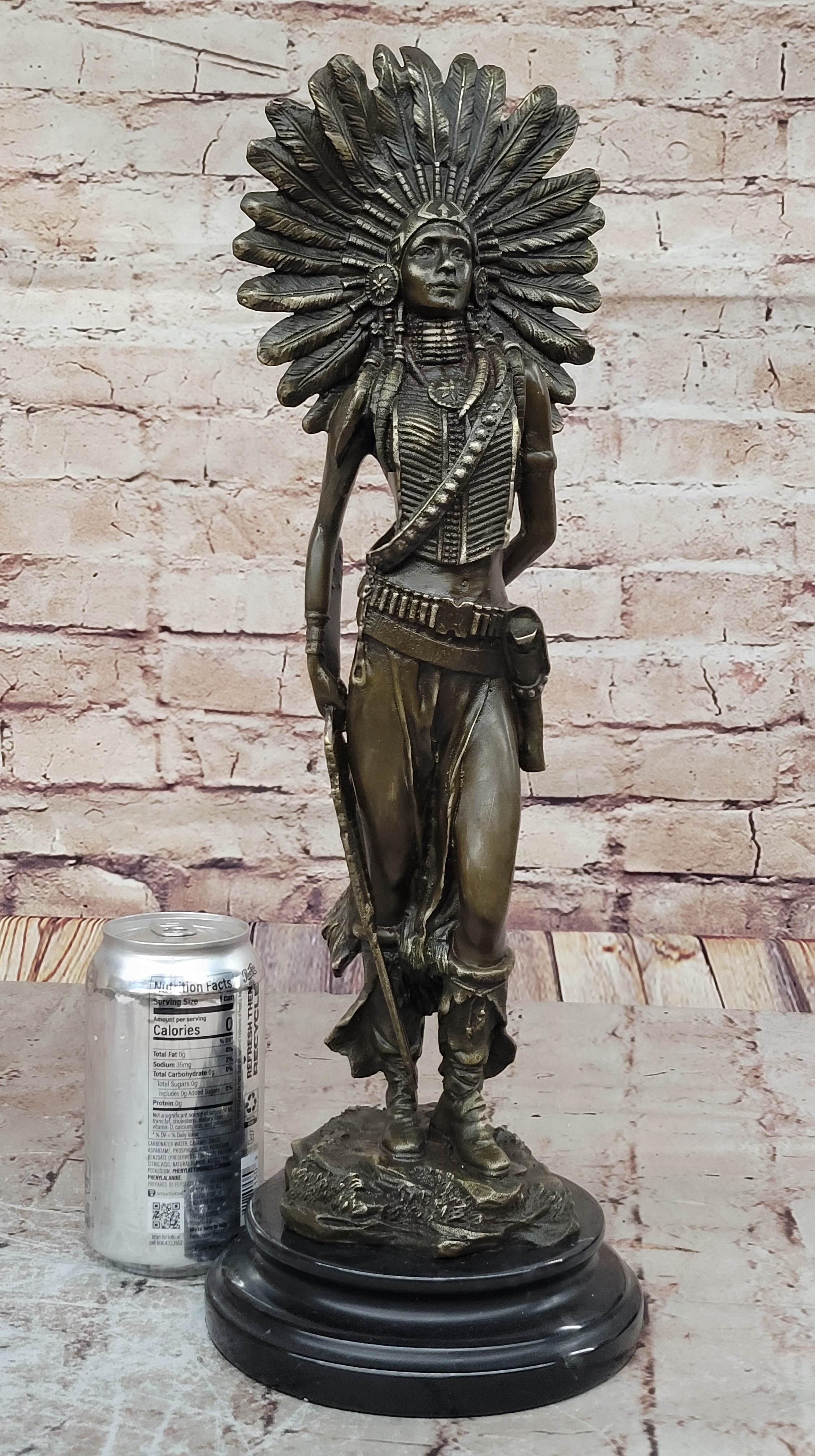 Native American Warrior in Feathered Headdress Bronze Sculpture
