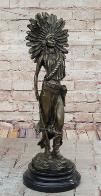 Native American Warrior in Feathered Headdress Bronze Sculpture