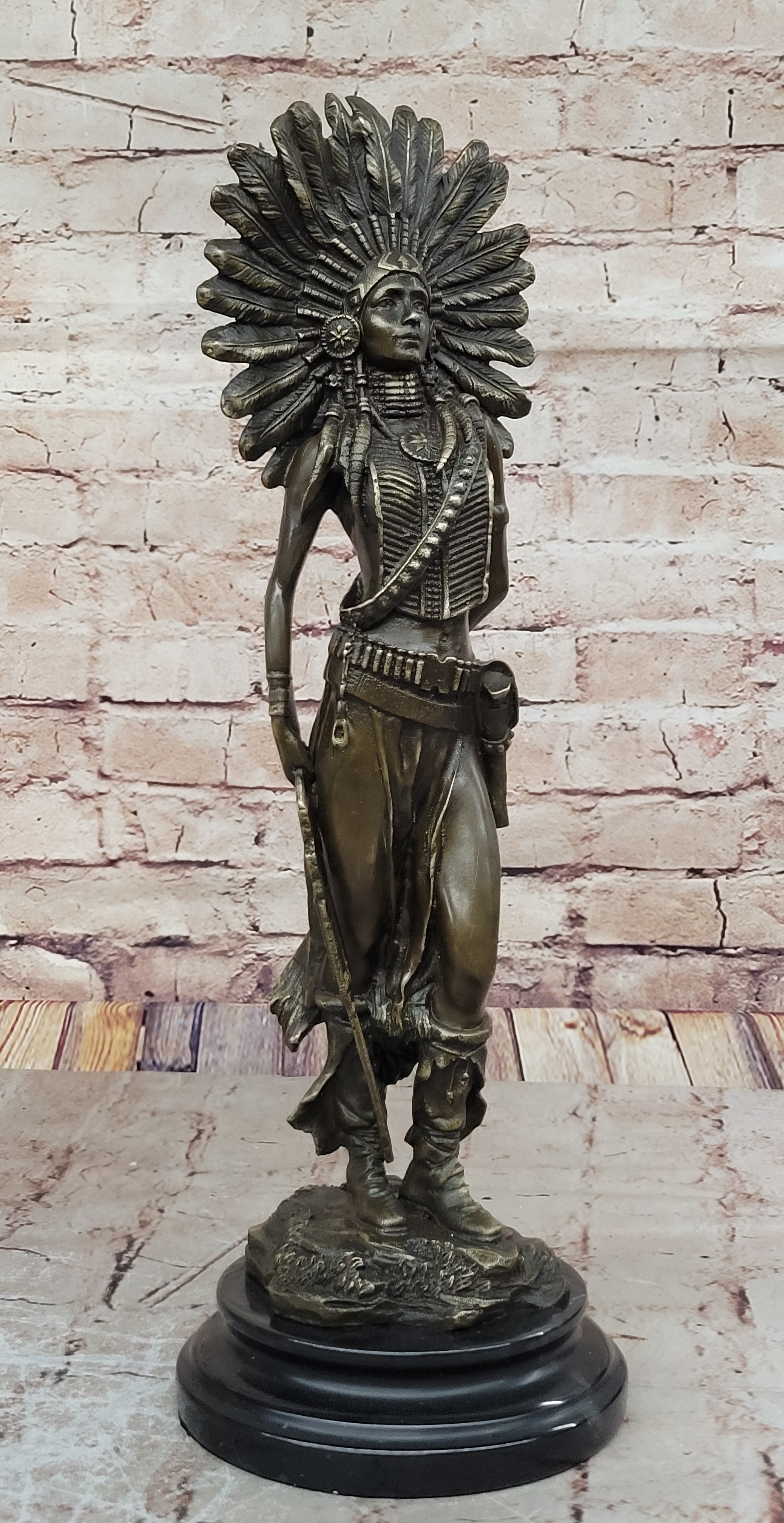 Native American Warrior in Feathered Headdress Bronze Sculpture