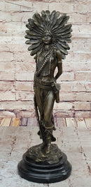 Native American Warrior in Feathered Headdress Bronze Sculpture