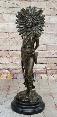 Native American Warrior in Feathered Headdress Bronze Sculpture