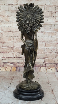 Native American Warrior in Feathered Headdress Bronze Sculpture