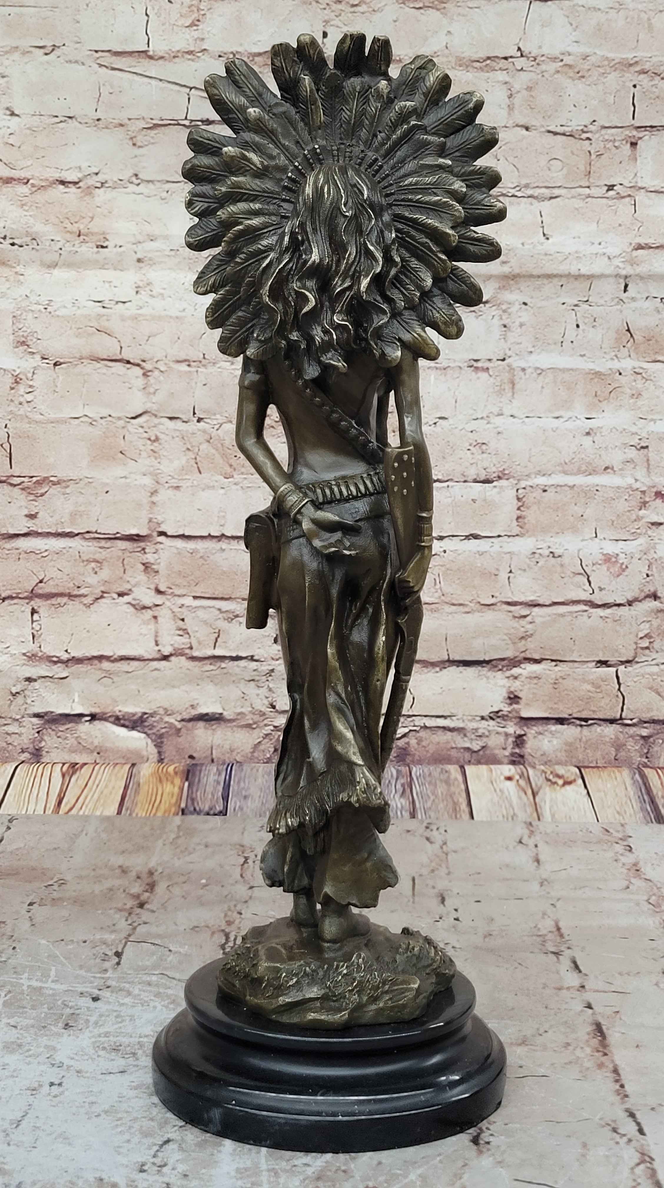 Native American Warrior in Feathered Headdress Bronze Sculpture