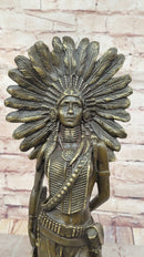 Native American Warrior in Feathered Headdress Bronze Sculpture